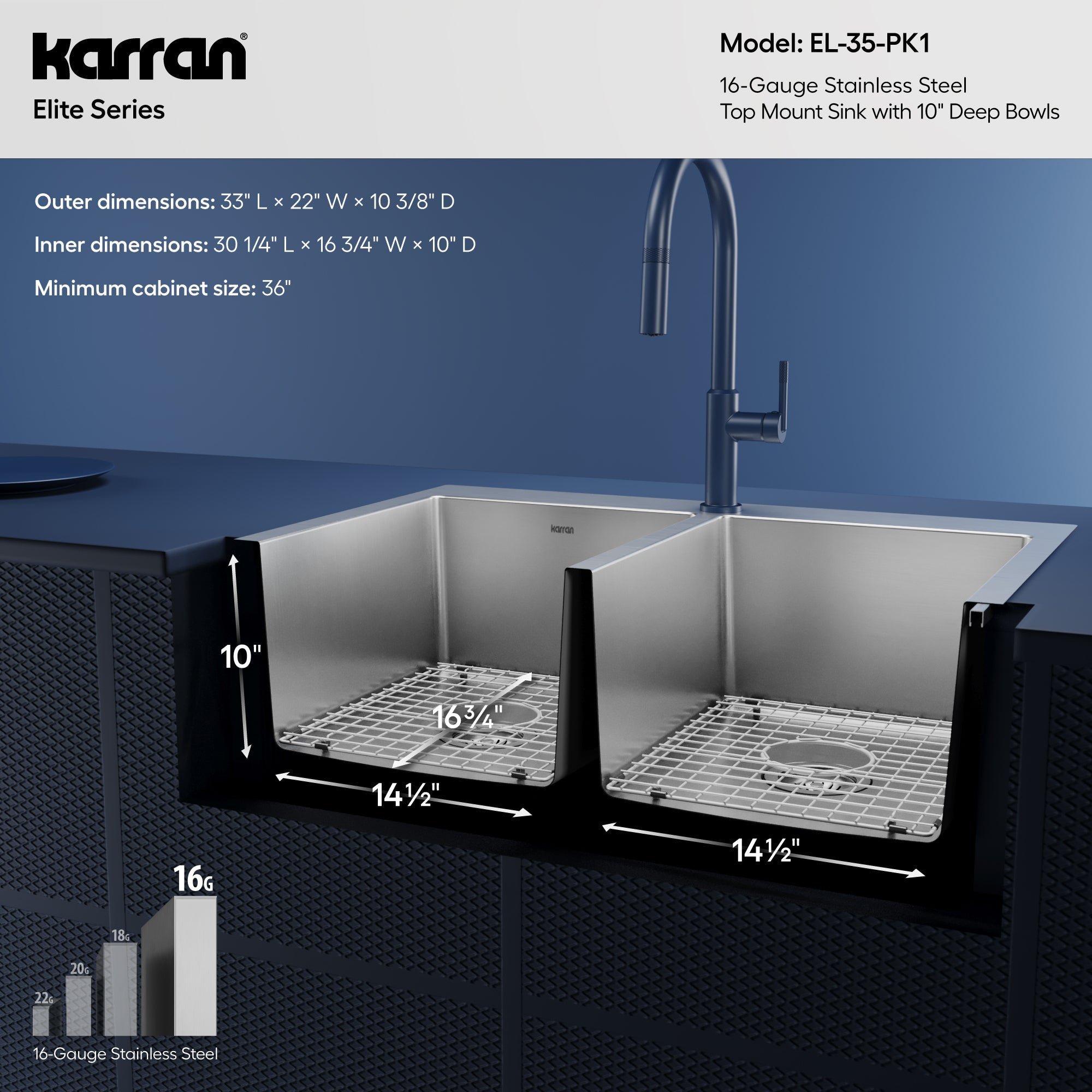 33" Top Mount Double Equal Bowl Stainless Steel Kitchen Sink Kit