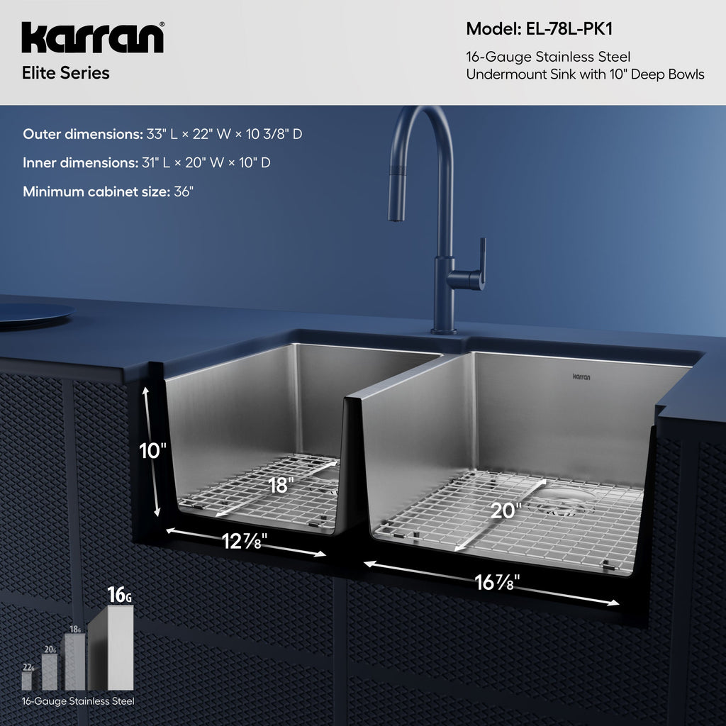 Elite 33" Undermount 16 Gauge Double Bowl Stainless Steel Kitchen Sink with Accessories