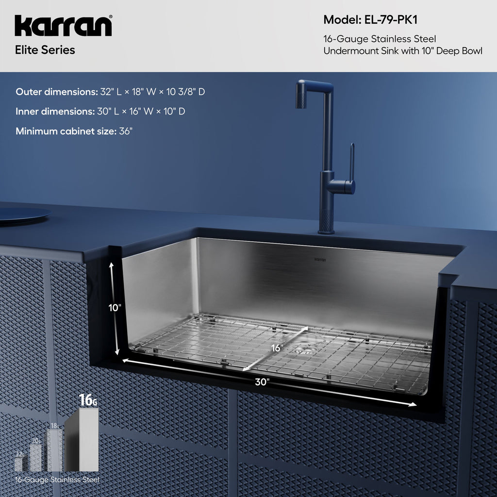 Elite 32" Undermount 16 Gauge Single Bowl Stainless Steel Sink with Accessories