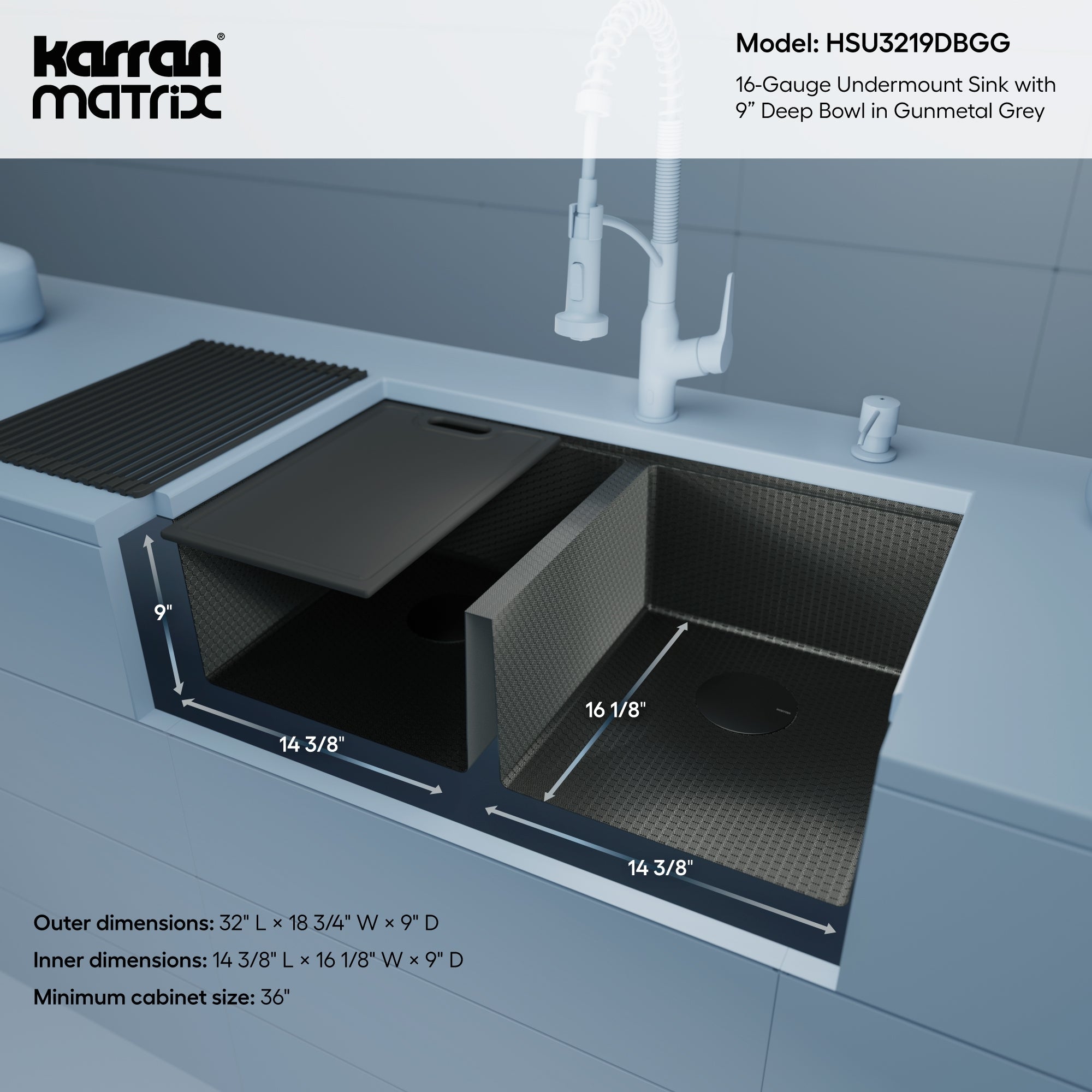 Matrix 32" Undermount Workstation 16 Gauge Double Bowl Stainless Steel Kitchen Sink In Gunmetal Grey with Accessories