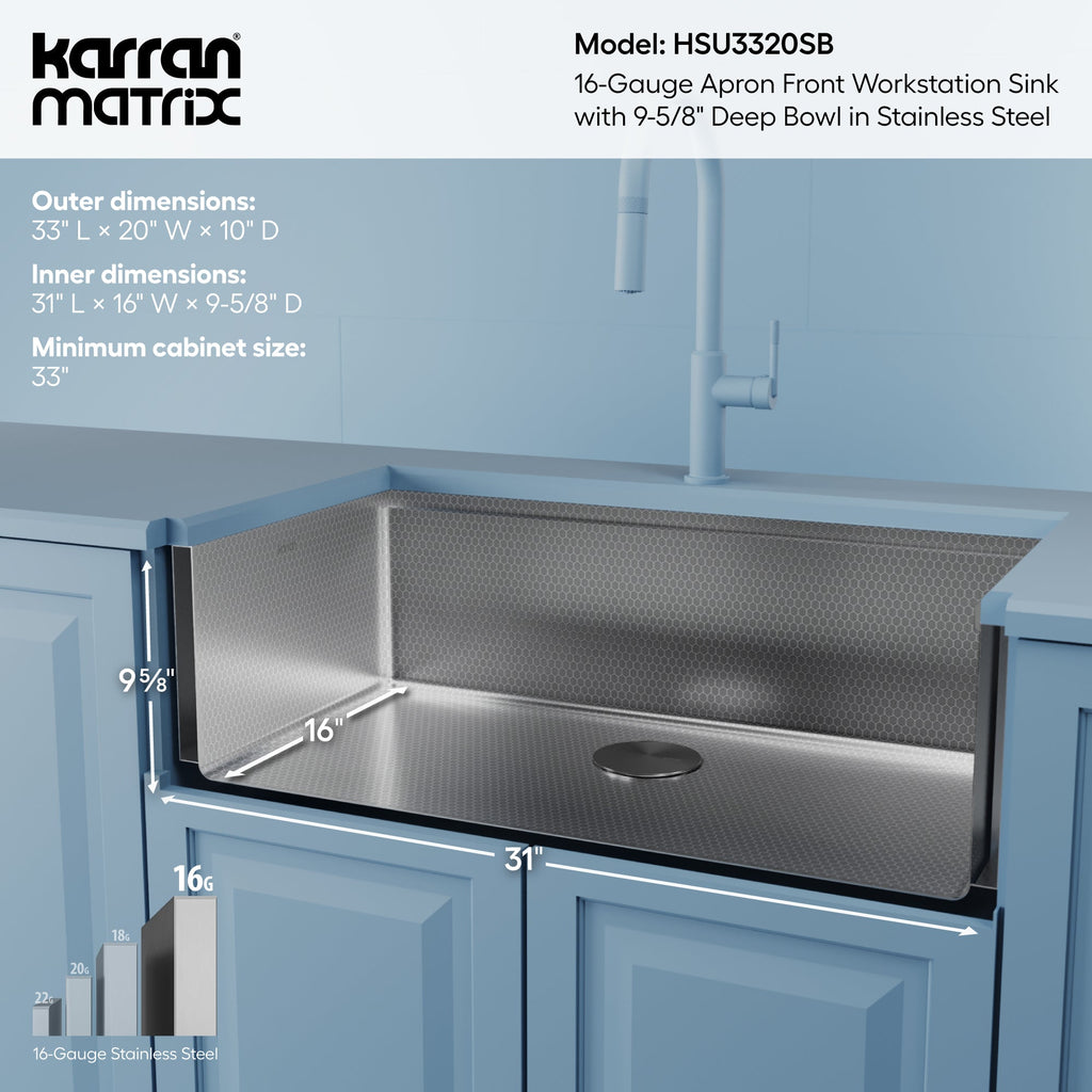 Matrix 33" Farmhouse Workstation 16 Gauge Single Bowl Stainless Steel Kitchen Sink with Accessories