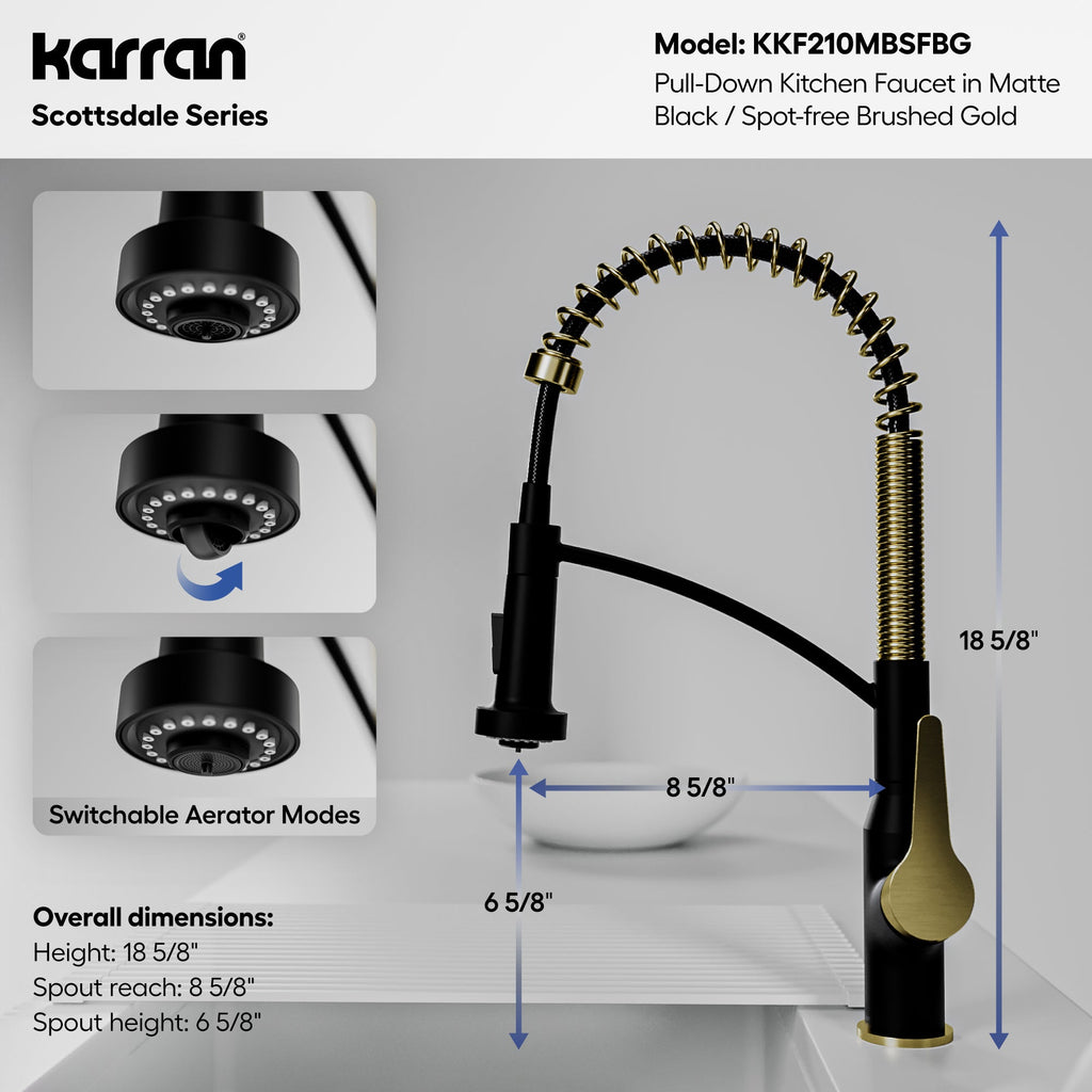 Scottsdale Single Handle Pull-Down Sprayer Commercial Style Kitchen Faucet In Matte Black / Spot-Free Brushed Gold