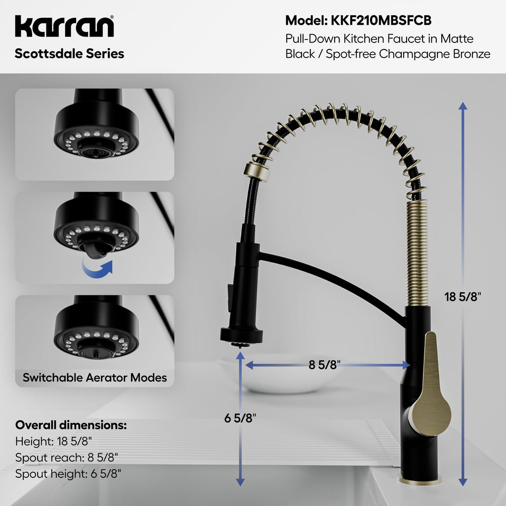 Scottsdale Single Handle Pull-Down Sprayer Commercial Style Kitchen Faucet In Matte Black / Spot-Free Champagne Bronze
