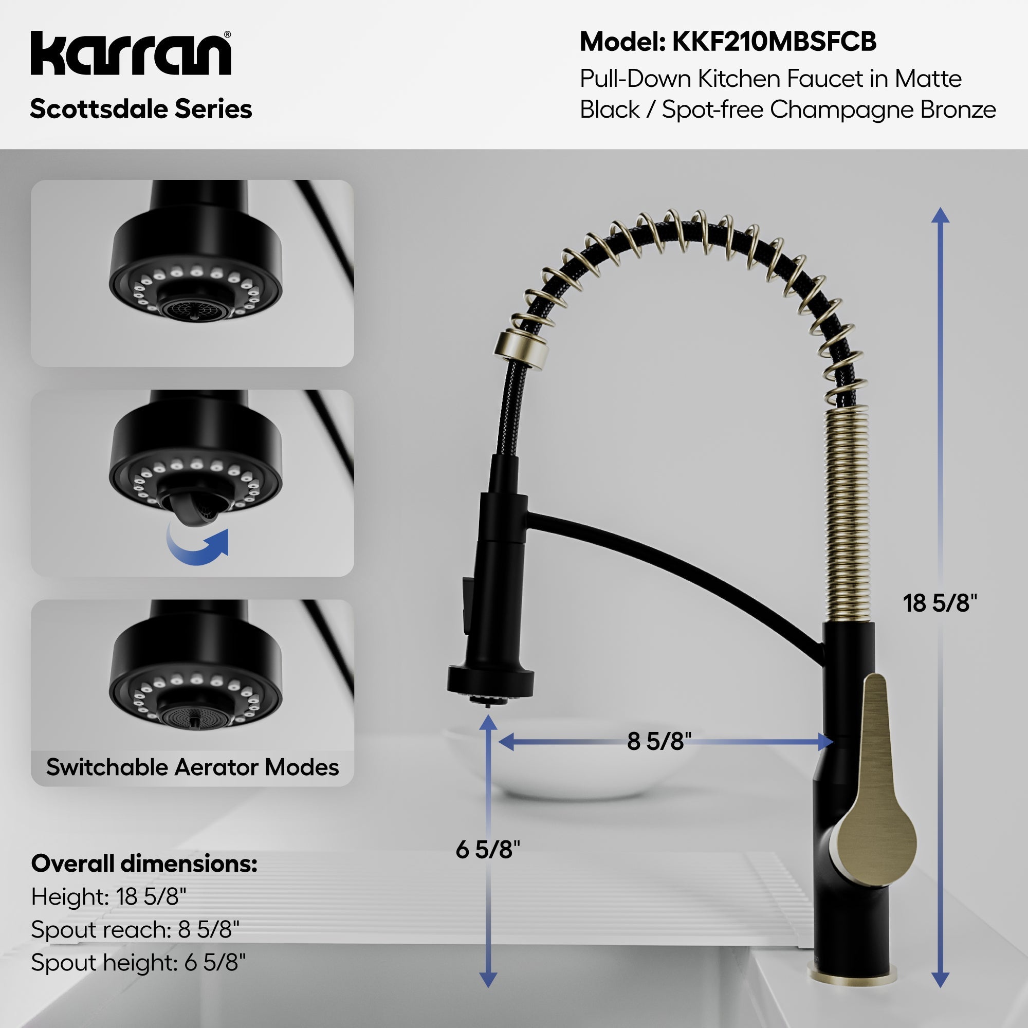 Scottsdale Single Handle Pull-Down Sprayer Commercial Style Kitchen Faucet In Matte Black / Spot-Free Champagne Bronze