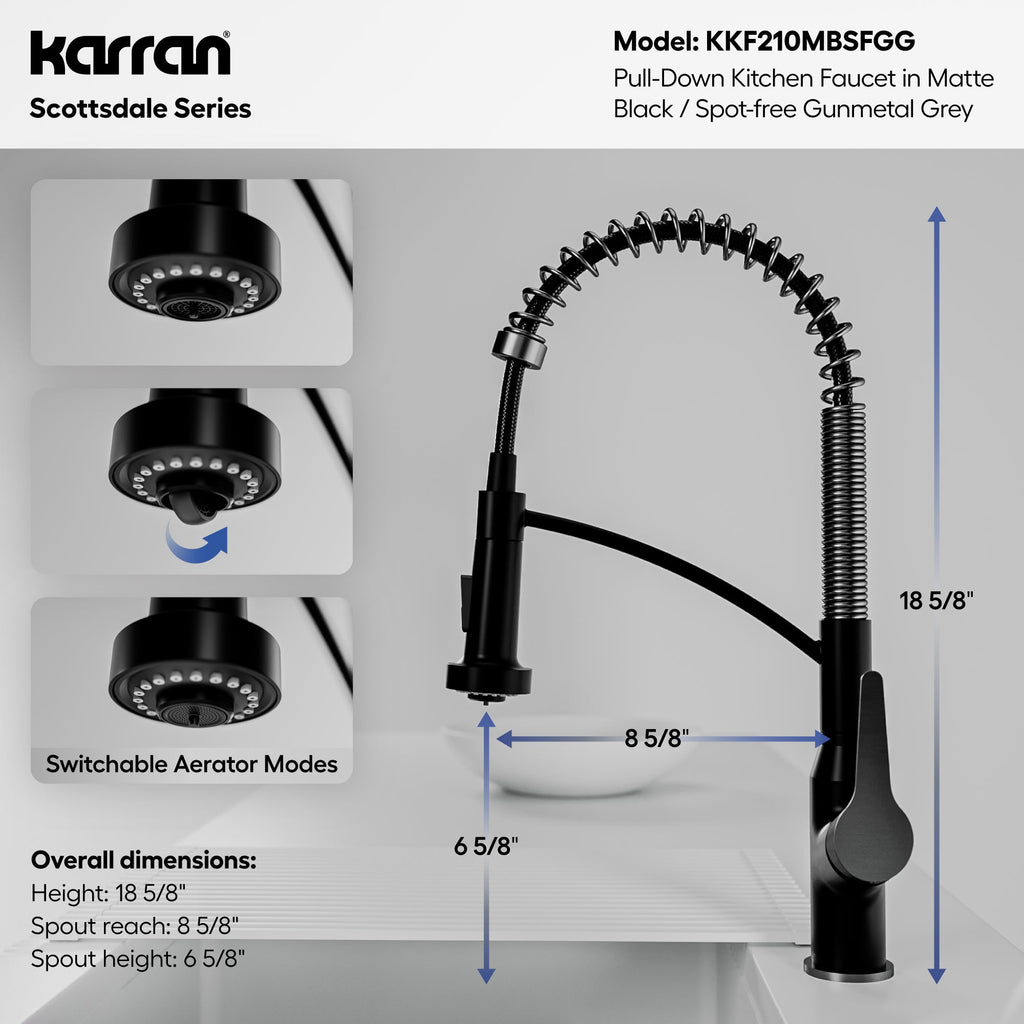 Scottsdale Single Handle Pull-Down Sprayer Commercial Style Kitchen Faucet In Matte Black / Spot-Free Gunmetal Grey