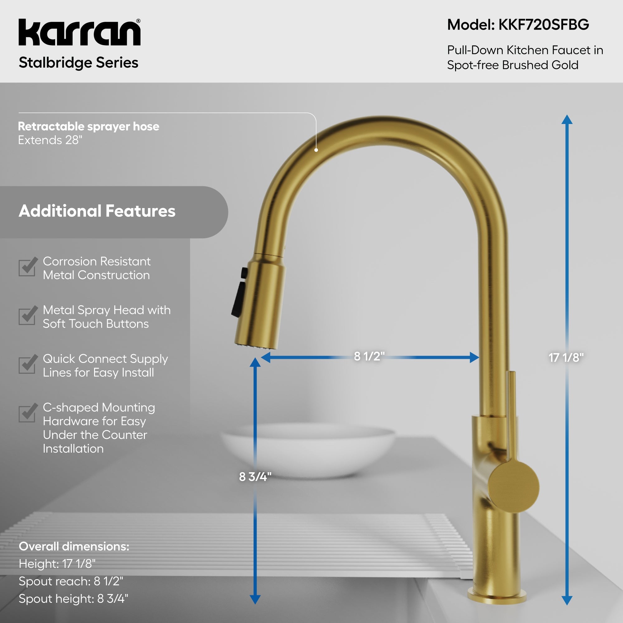 Stalbridge Single Handle Pull-Down Sprayer Kitchen Faucet In Spot-Free Brushed Gold