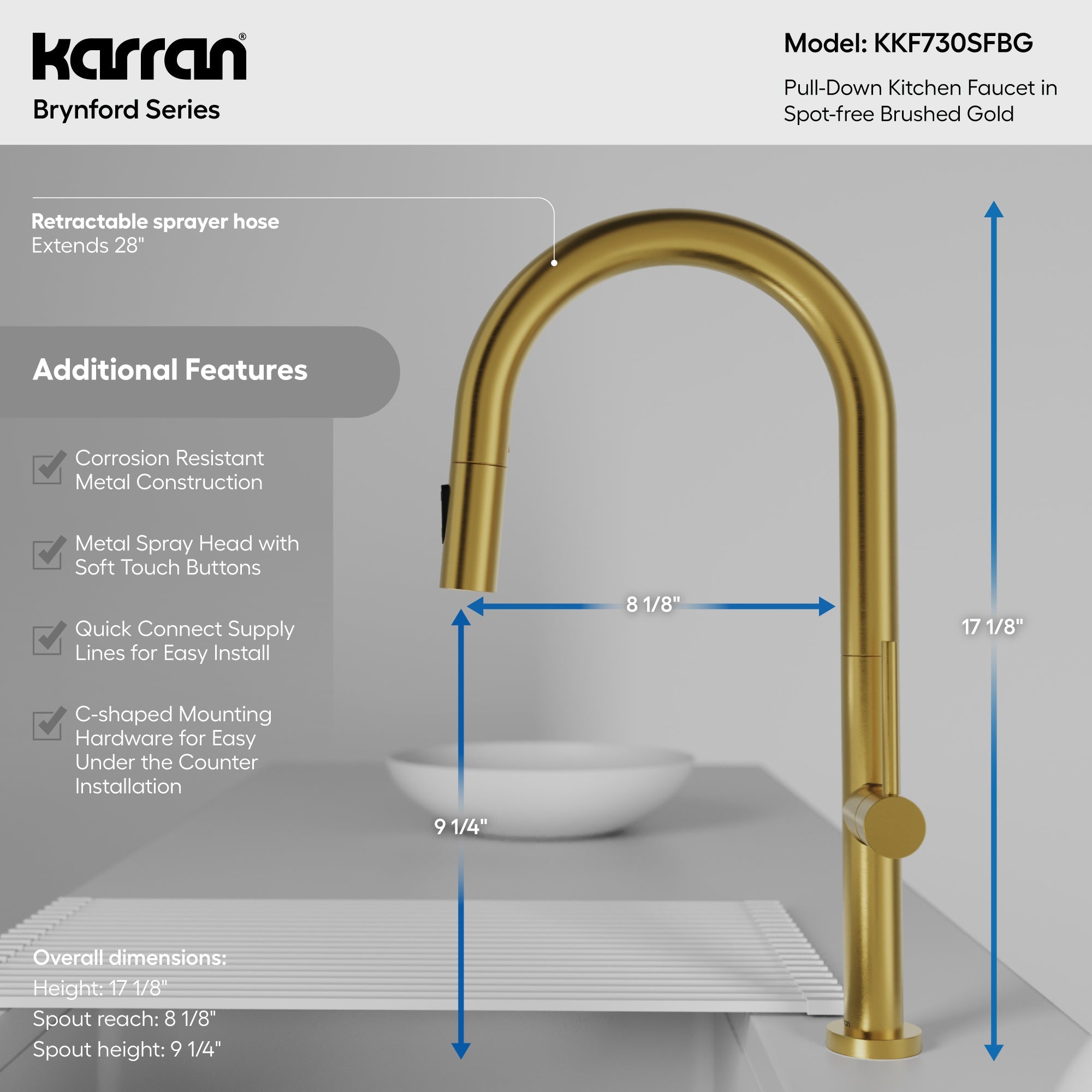 Brynford Single Handle Pull-Down Sprayer Kitchen Faucet In Spot-Free Brushed Gold