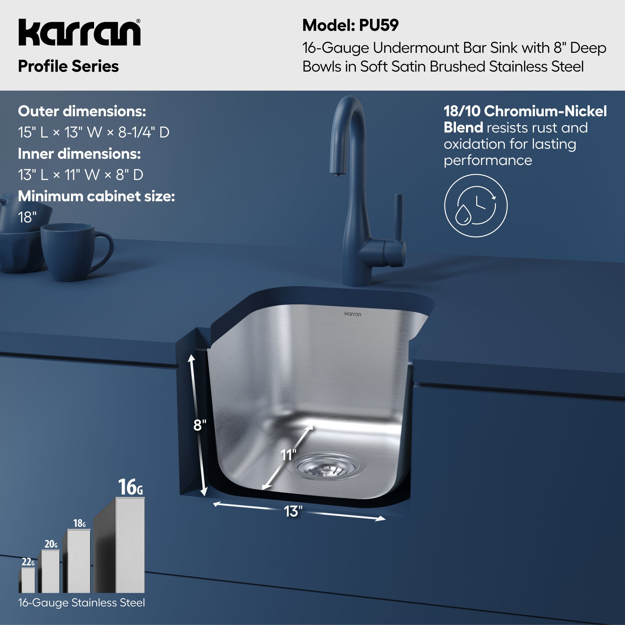 Profile 15" Undermount 16 Gauge Stainless Steel Single Bowl Bar Sink
