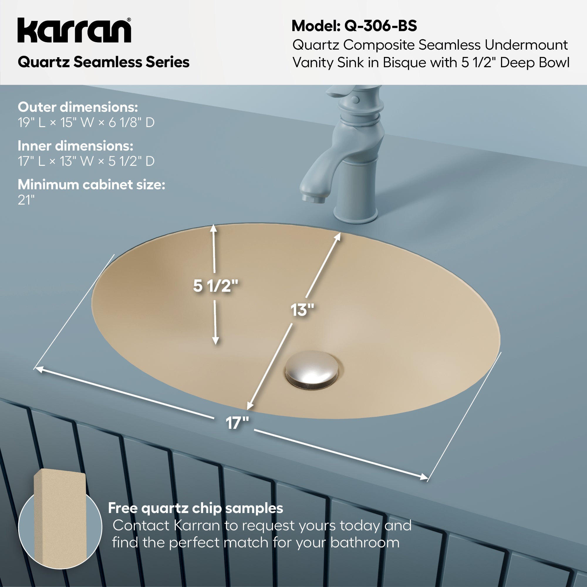 19" Seamless Undermount Quartz Composite Bathroom Sink In Bisque