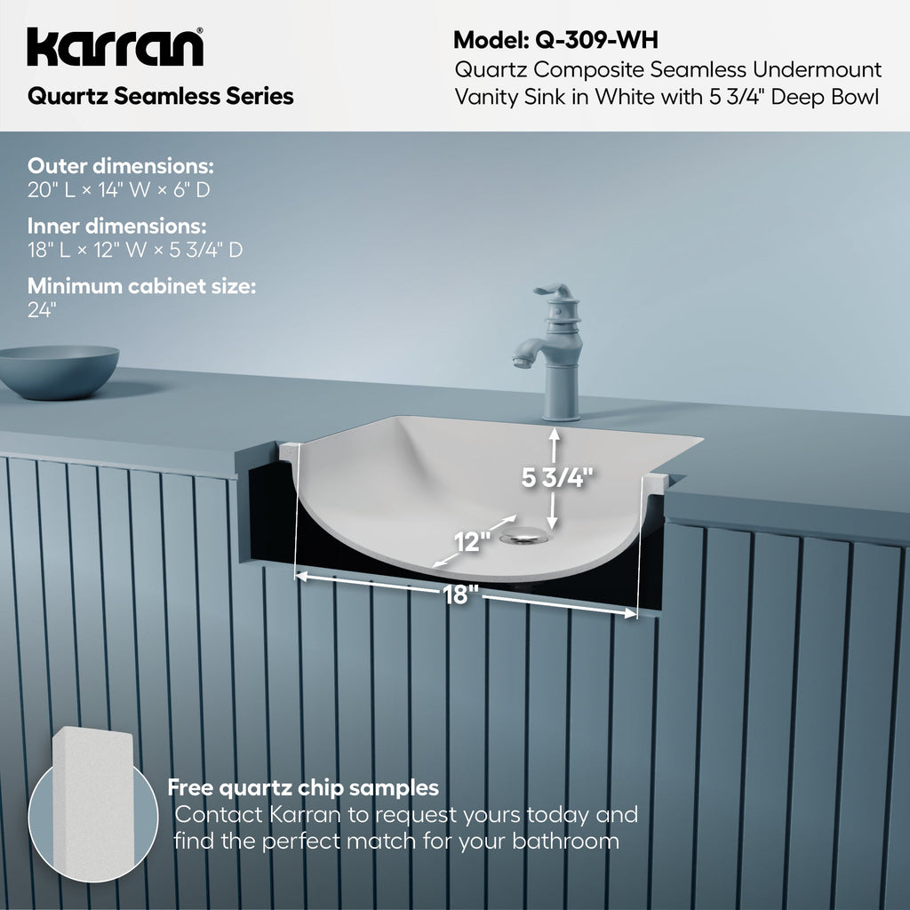20" Seamless Undermount Quartz Composite Bathroom Sink In White