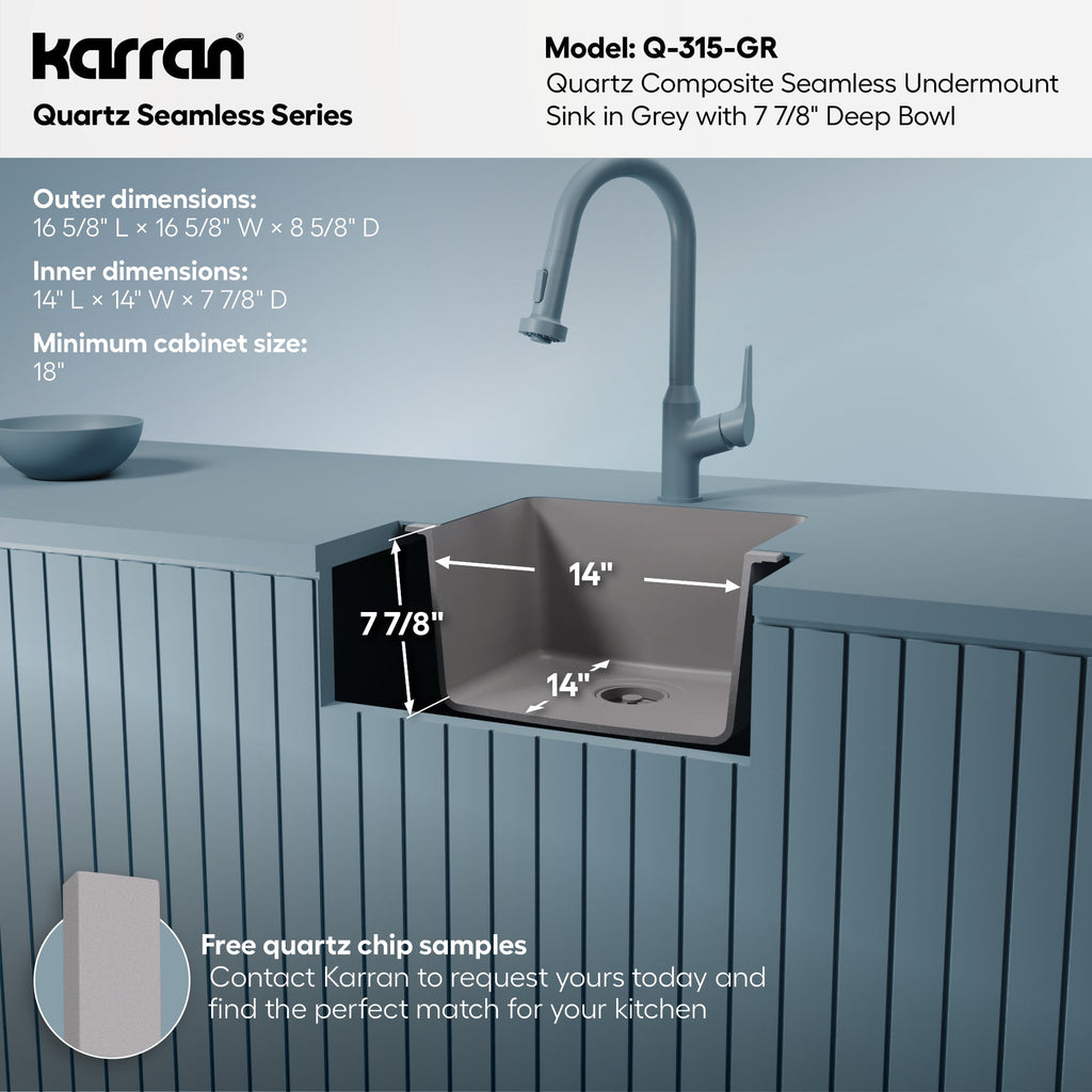 16-5/8" Seamless Undermount Quartz Composite Bar/Prep Sink In Concrete