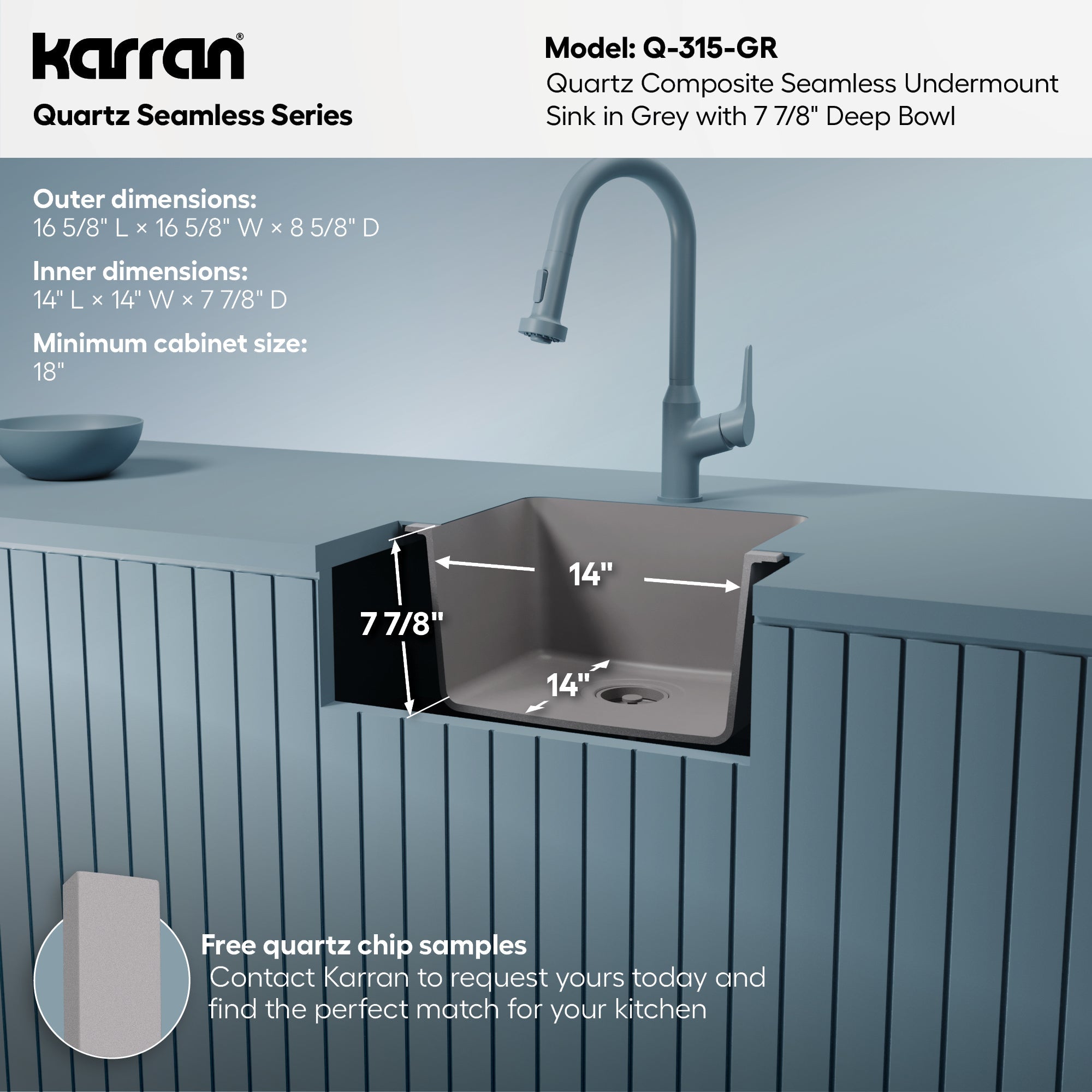 16-5/8" Seamless Undermount Quartz Composite Bar/Prep Sink In Concrete