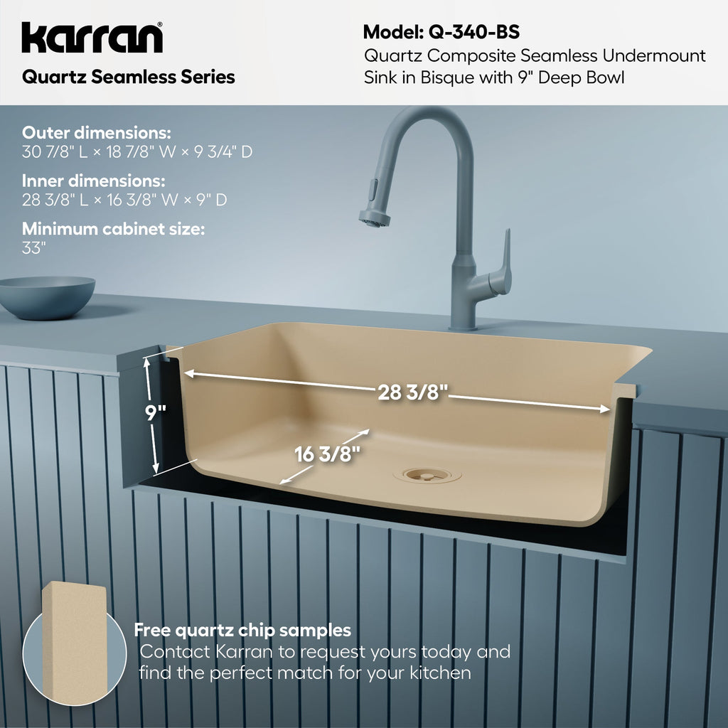 30-7/8" Seamless Undermount Large Single Bowl Quartz Composite Kitchen Sink In Bisque
