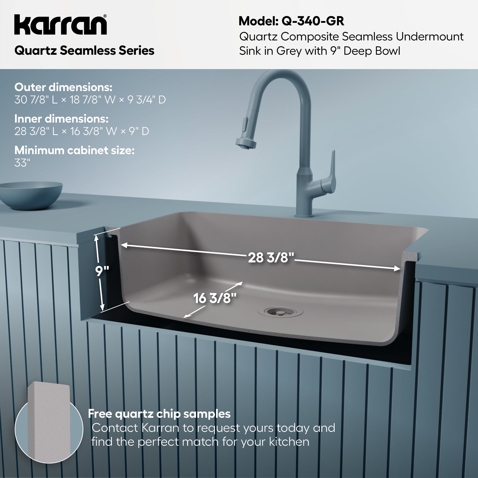30-7/8" Seamless Undermount Large Single Bowl Quartz Composite Kitchen Sink In Grey