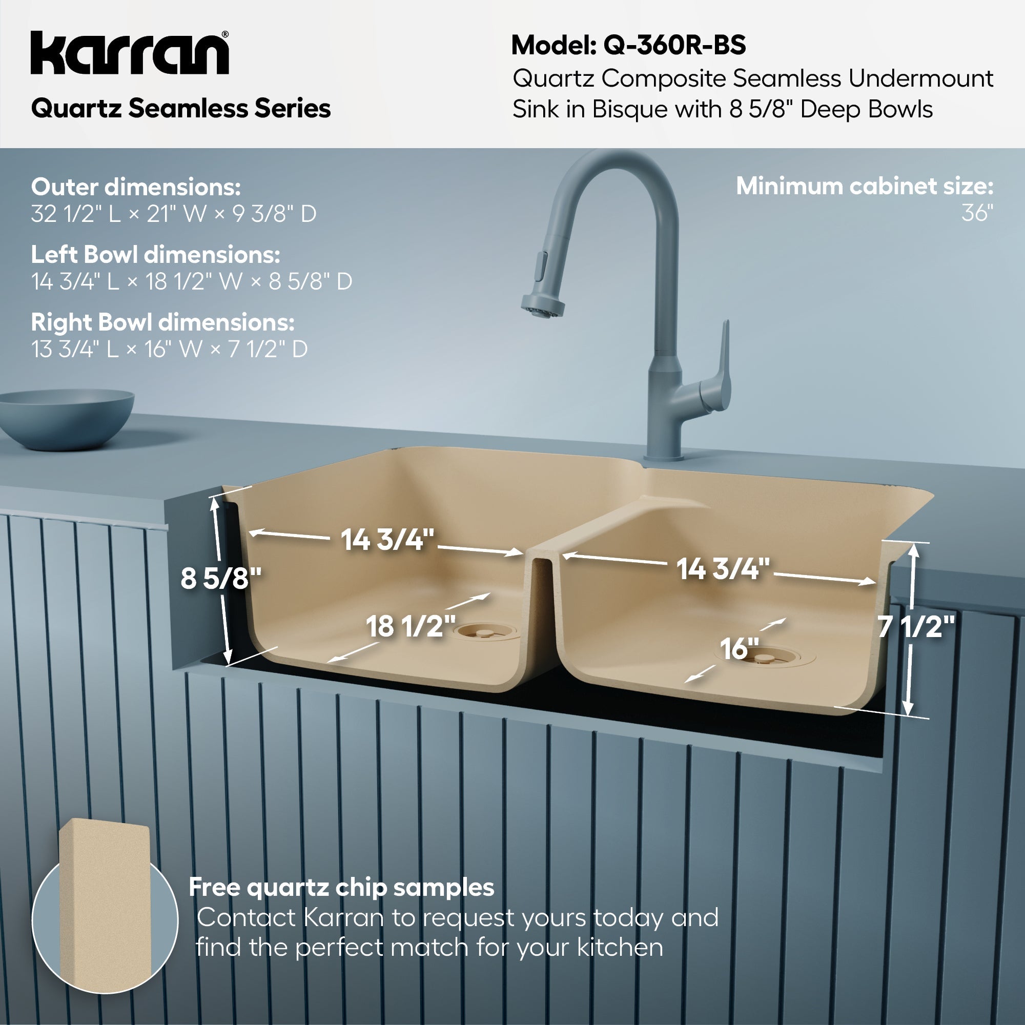 32-3/8" Seamless Undermount Double Offset Bowl Quartz Composite Kitchen Sink In Bisque