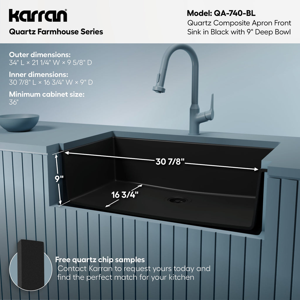 34" Farmhouse Large Single Bowl Quartz Composite Kitchen Sink In Black