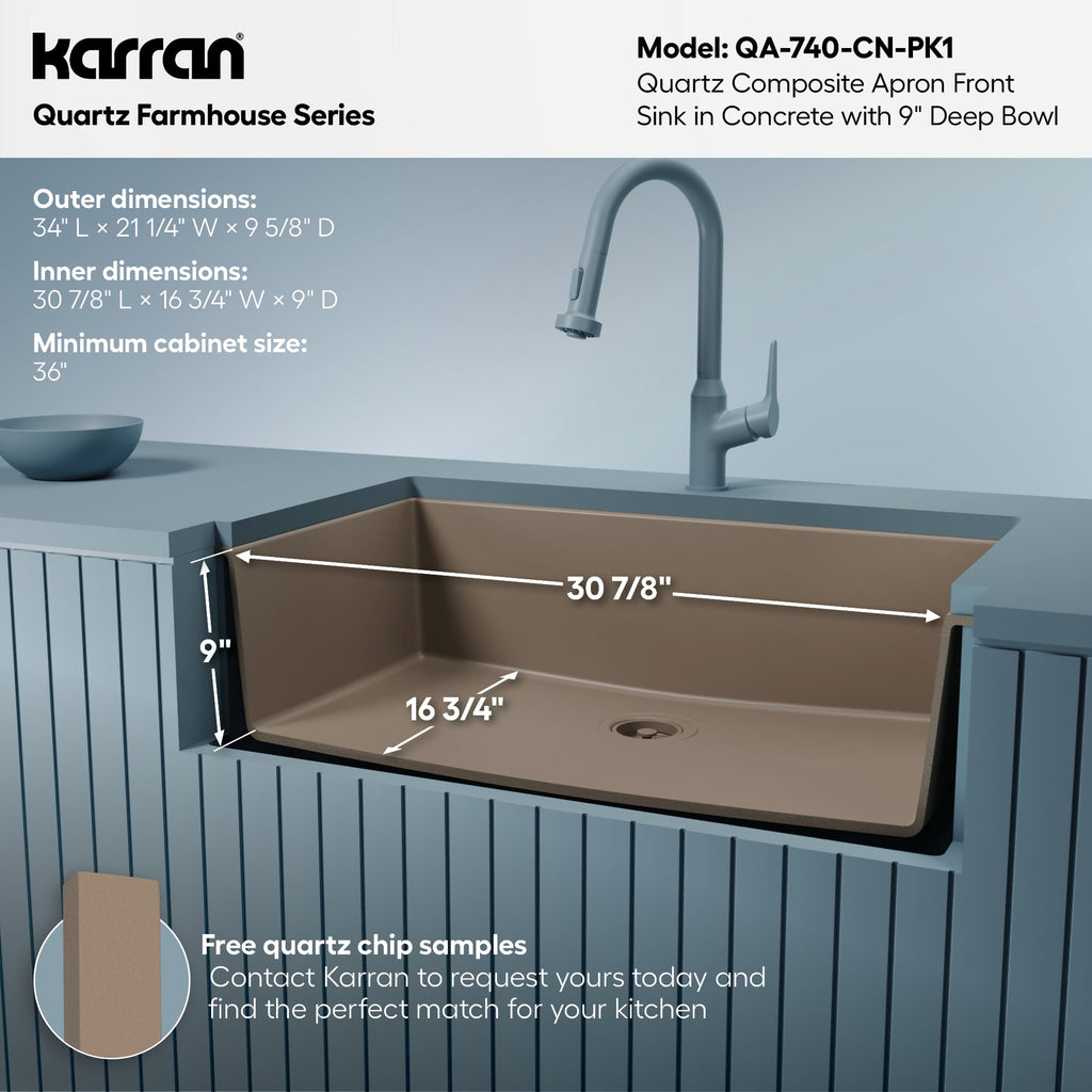 34" Farmhouse Large Single Bowl Quartz Composite Kitchen Sink Kit In Concrete