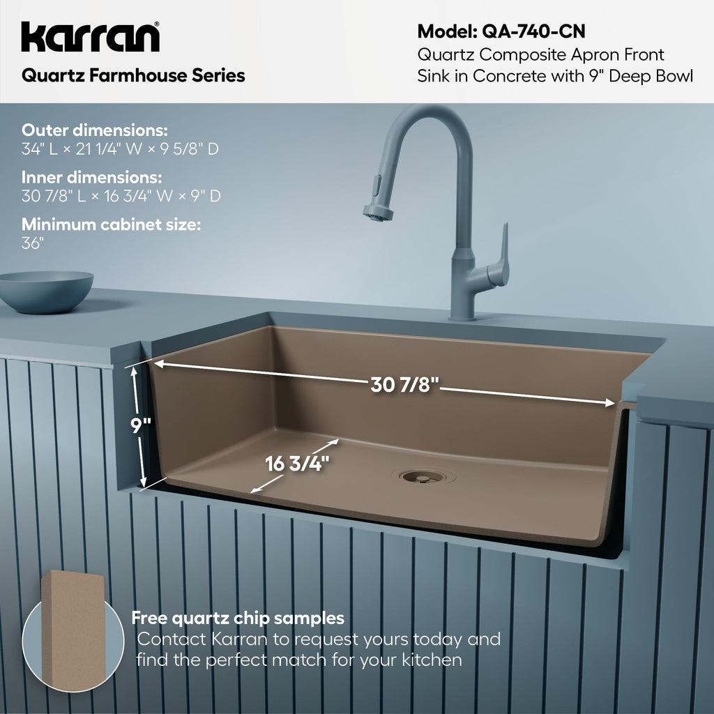 34" Farmhouse Large Single Bowl Quartz Composite Kitchen Sink In Concrete