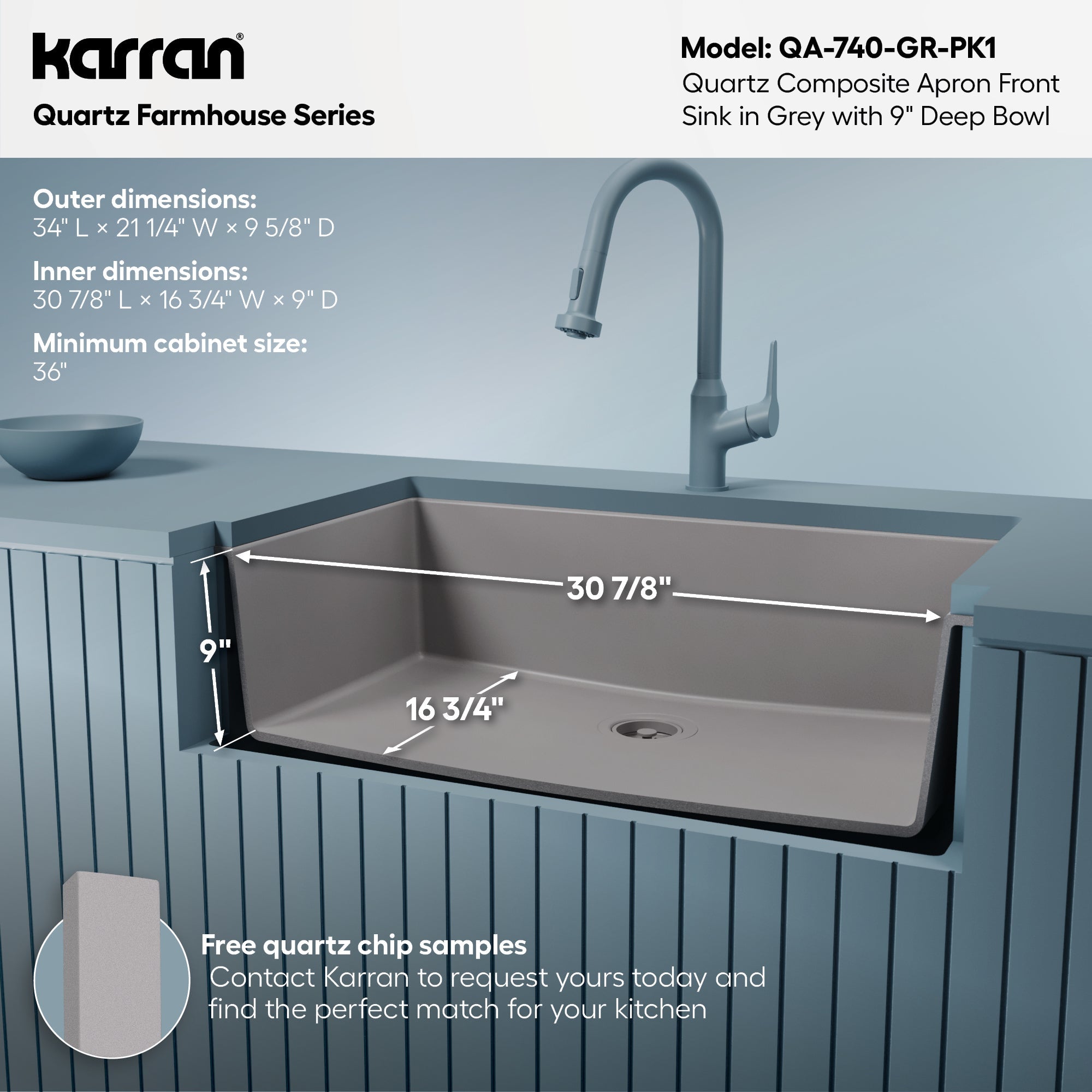 34" Farmhouse Large Single Bowl Quartz Composite Kitchen Sink Kit In Grey