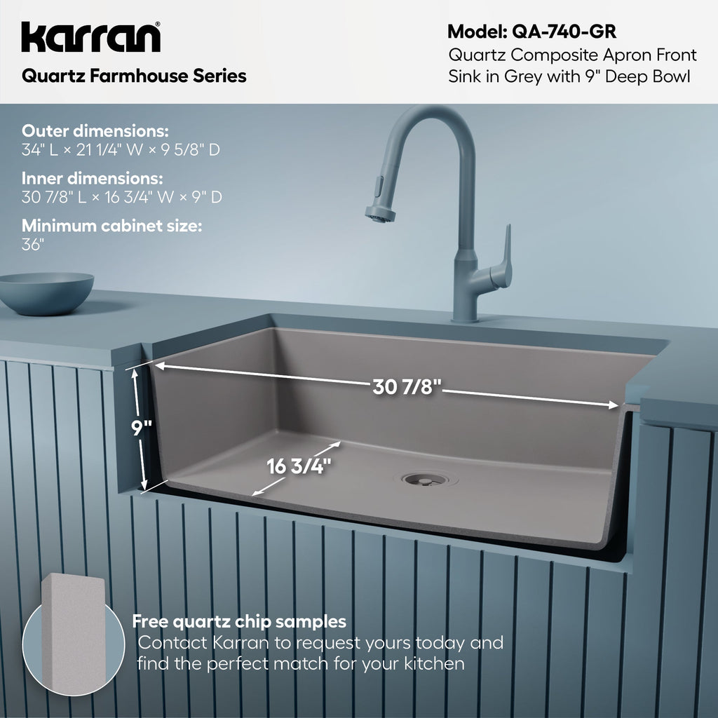 34" Farmhouse Large Single Bowl Quartz Composite Kitchen Sink In Grey