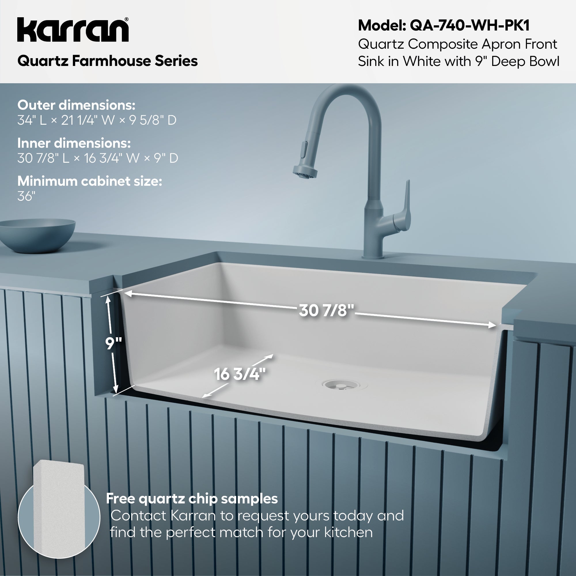 34" Farmhouse Large Single Bowl Quartz Composite Kitchen Sink Kit In White