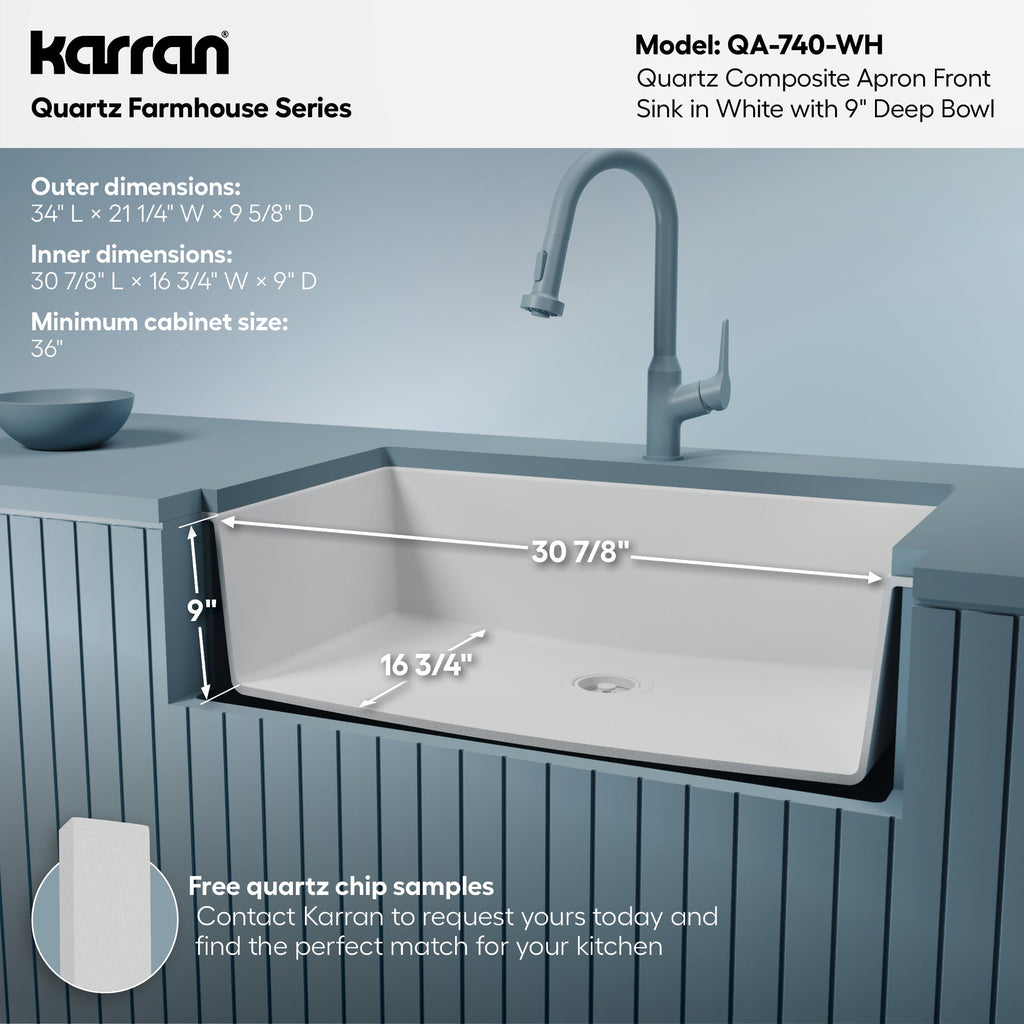 34" Farmhouse Large Single Bowl Quartz Composite Kitchen Sink In White