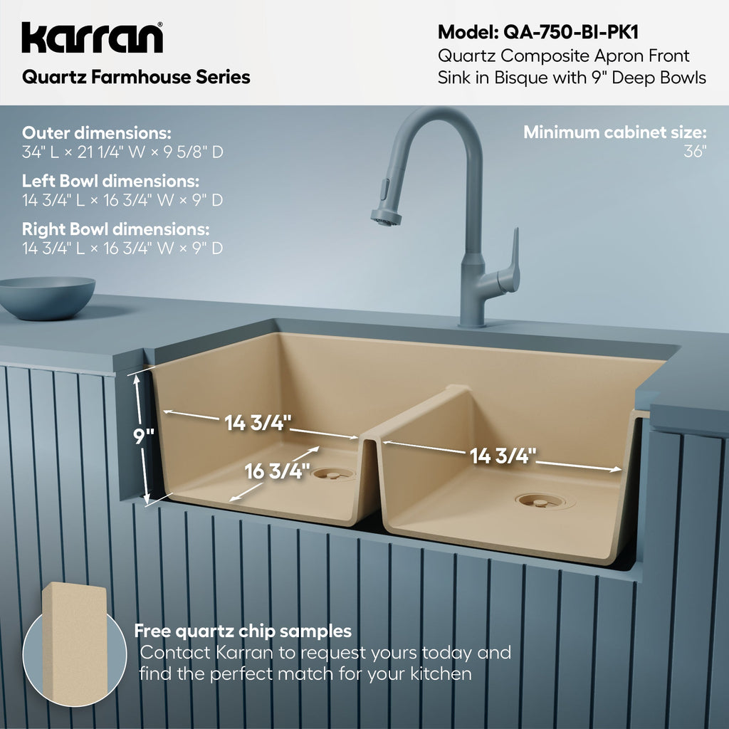 34" Farmhouse Double Equal Bowl Quartz Composite Kitchen Sink Kit In Bisque