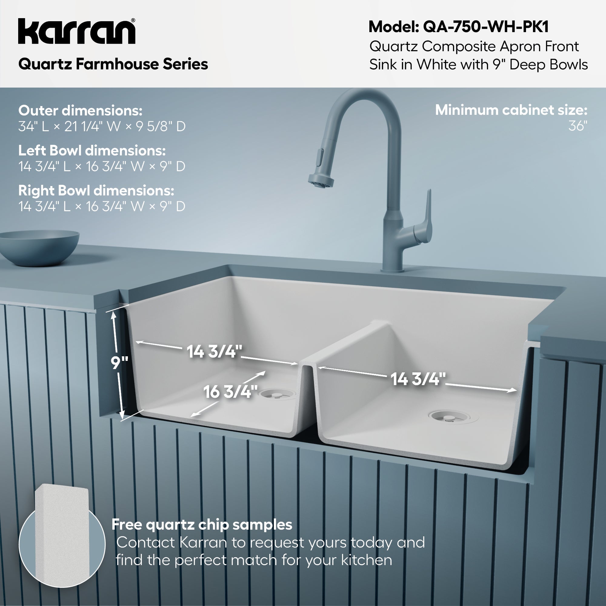 34" Farmhouse Double Equal Bowl Quartz Composite Kitchen Sink Kit In White