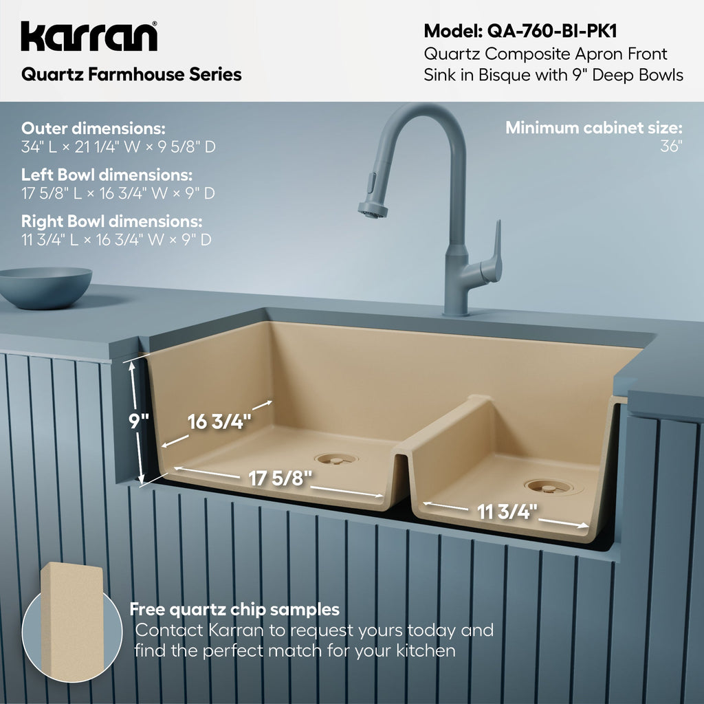 34" Farmhouse Double Offset Bowl Quartz Composite Kitchen Sink Kit In Bisque