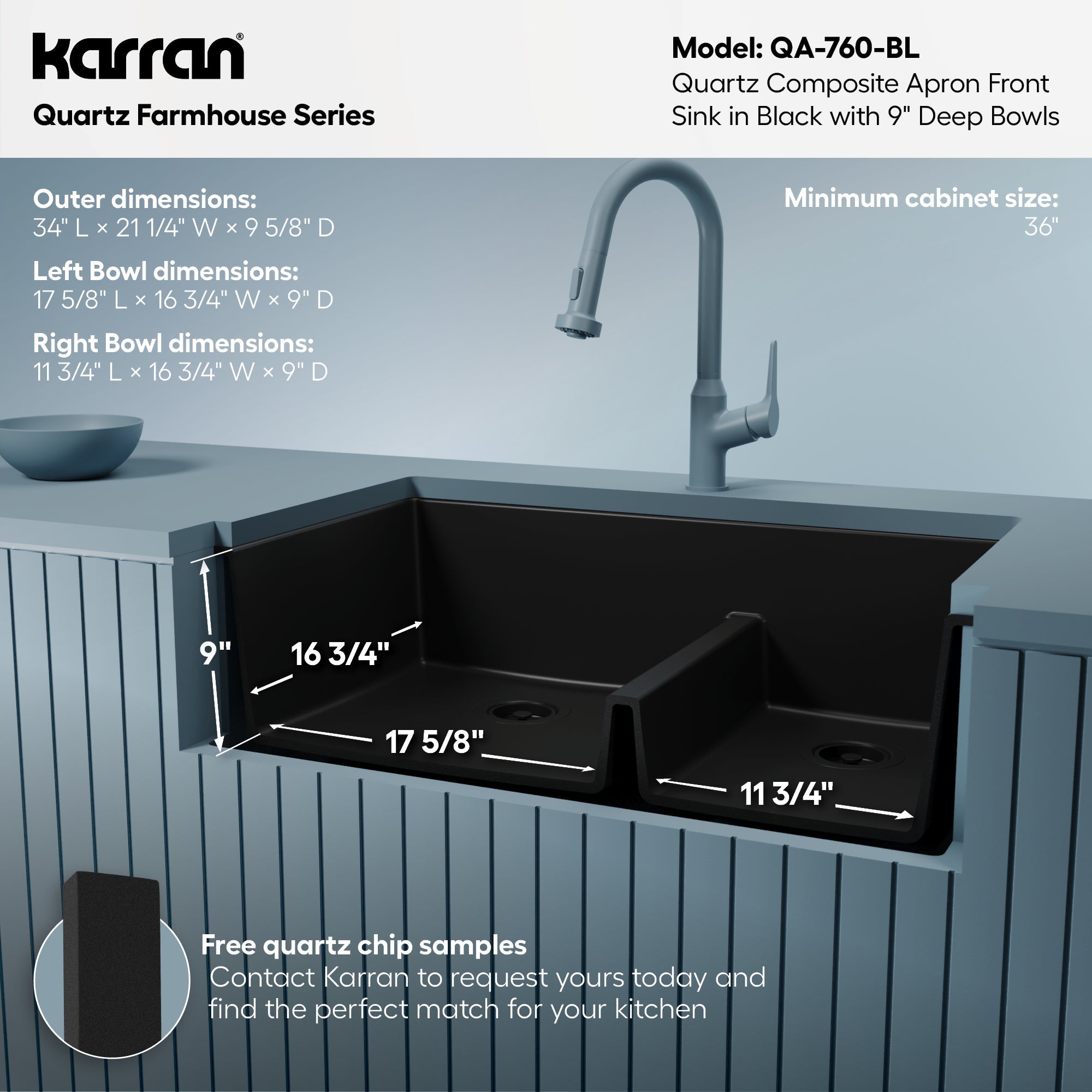 34" Farmhouse Double Offset Bowl Quartz Composite Kitchen Sink In Black