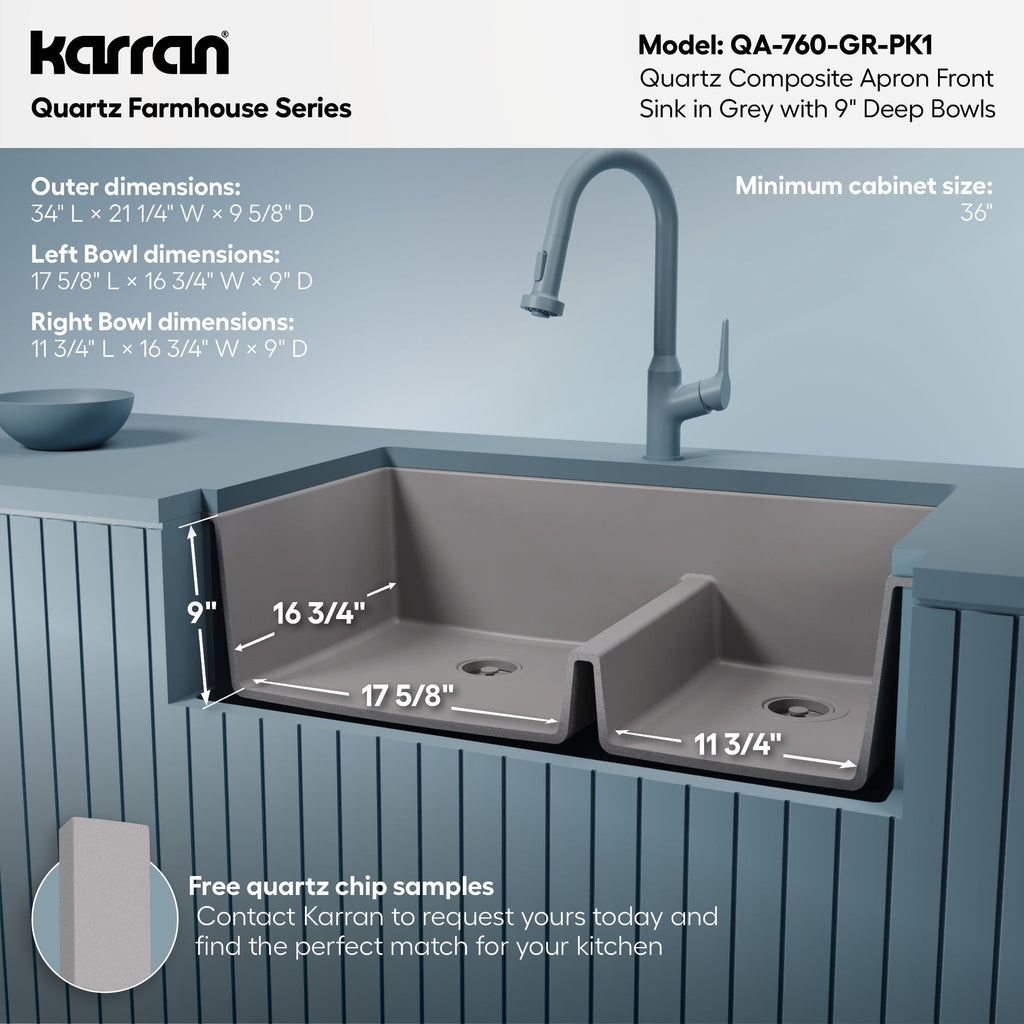 34" Farmhouse Double Offset Bowl Quartz Composite Kitchen Sink Kit In Grey