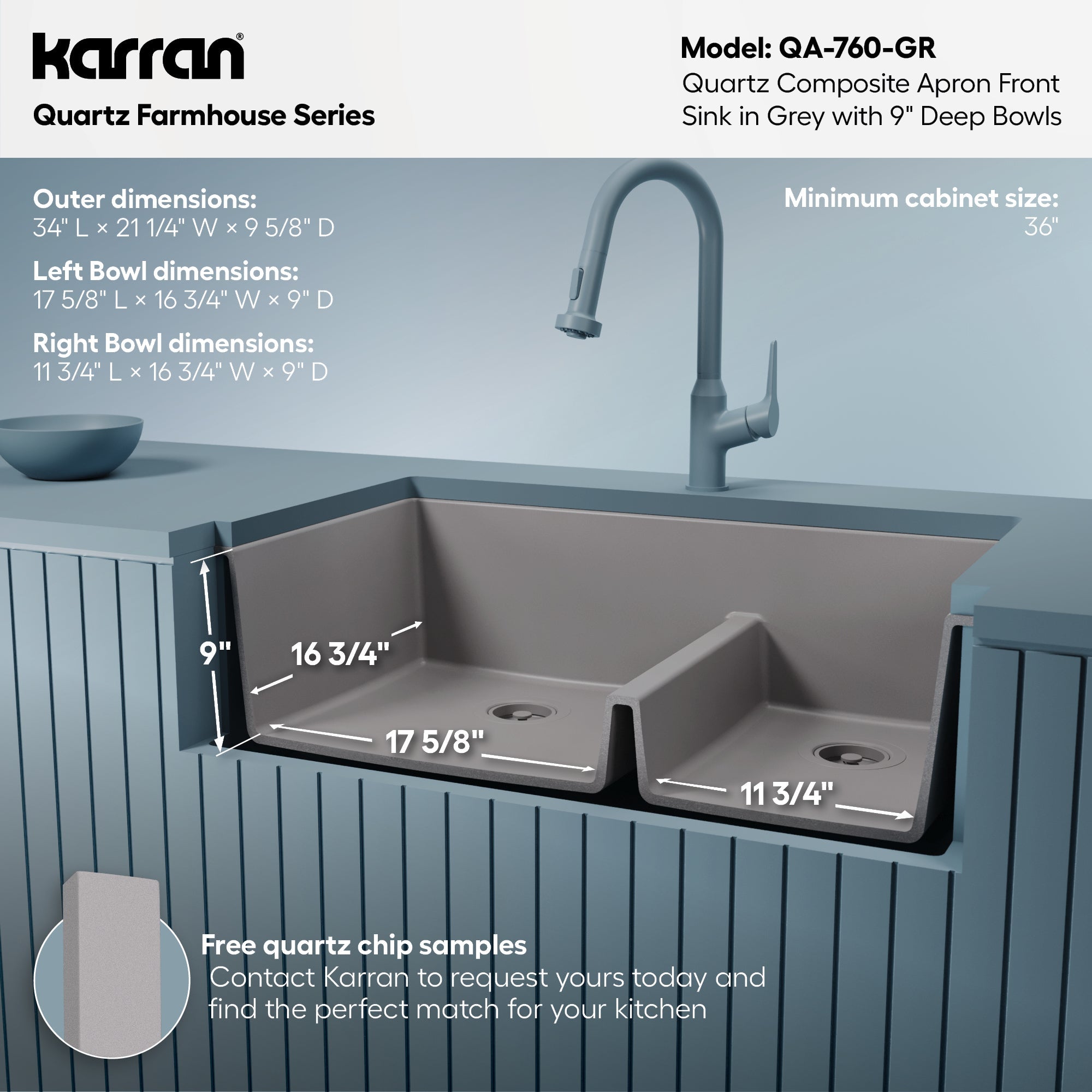 34" Farmhouse Double Offset Bowl Quartz Composite Kitchen Sink In Grey