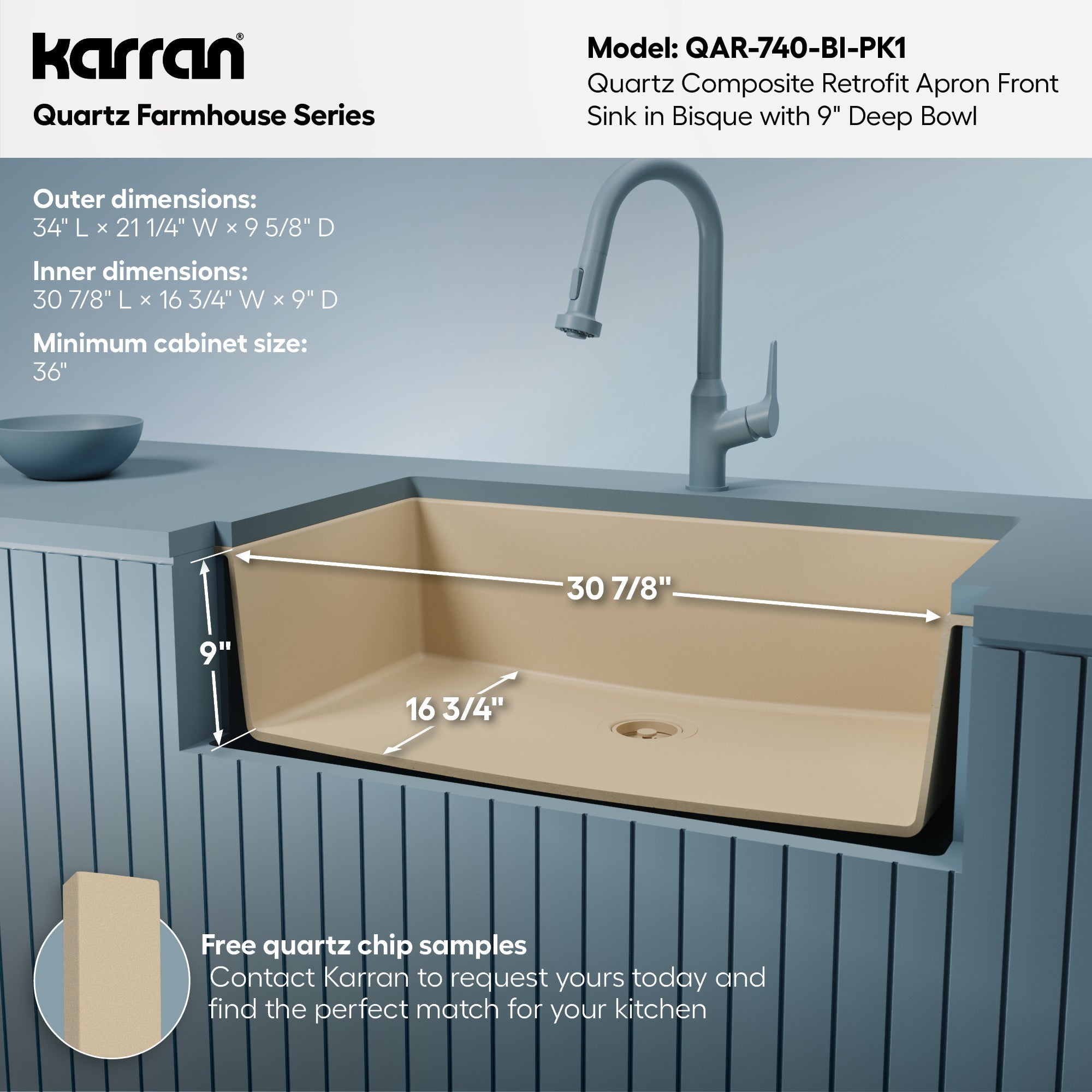 34" Retrofit Farmhouse Large Single Bowl Quartz Composite Kitchen Sink Kit In Bisque