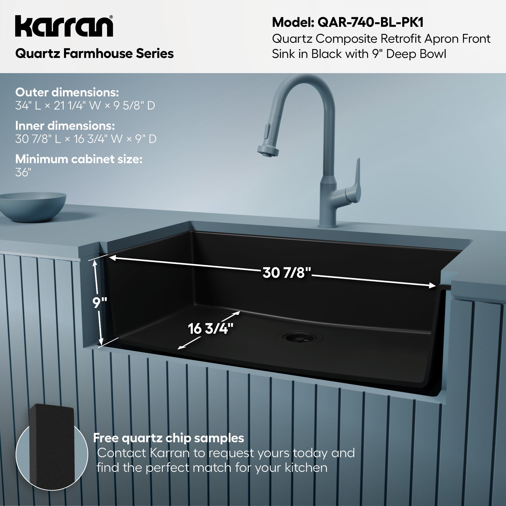 34" Retrofit Farmhouse Large Single Bowl Quartz Composite Kitchen Sink Kit In Black