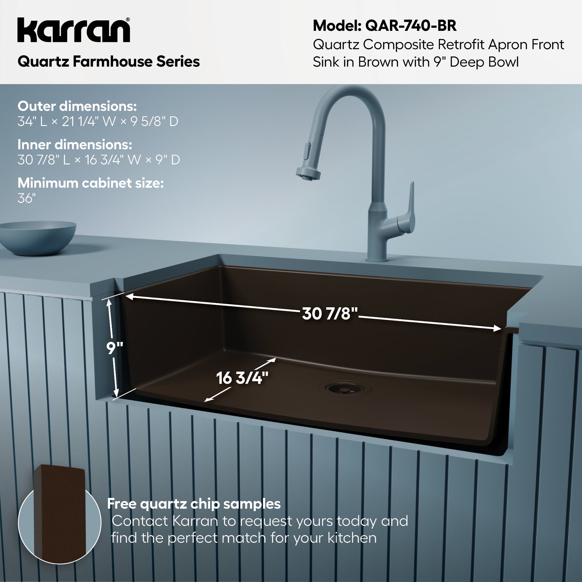 34" Retrofit Farmhouse Large Single Bowl Quartz Composite Kitchen Sink In Brown