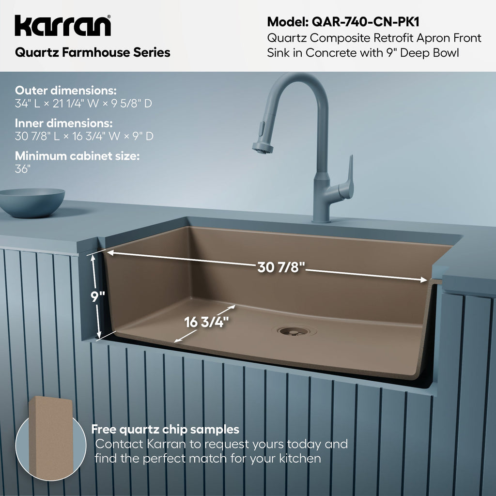 34" Retrofit Farmhouse Large Single Bowl Quartz Composite Kitchen Sink Kit In Concrete