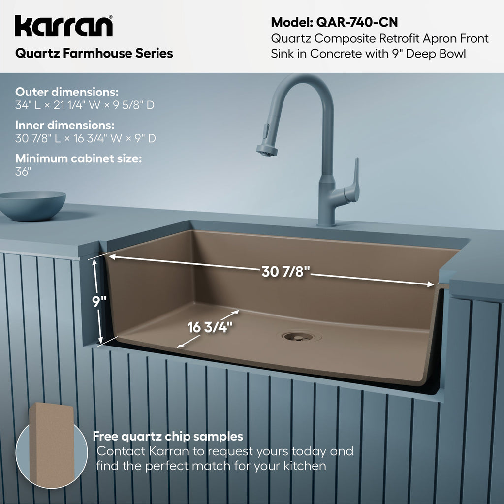 34" Retrofit Farmhouse Large Single Bowl Quartz Composite Kitchen Sink In Concrete