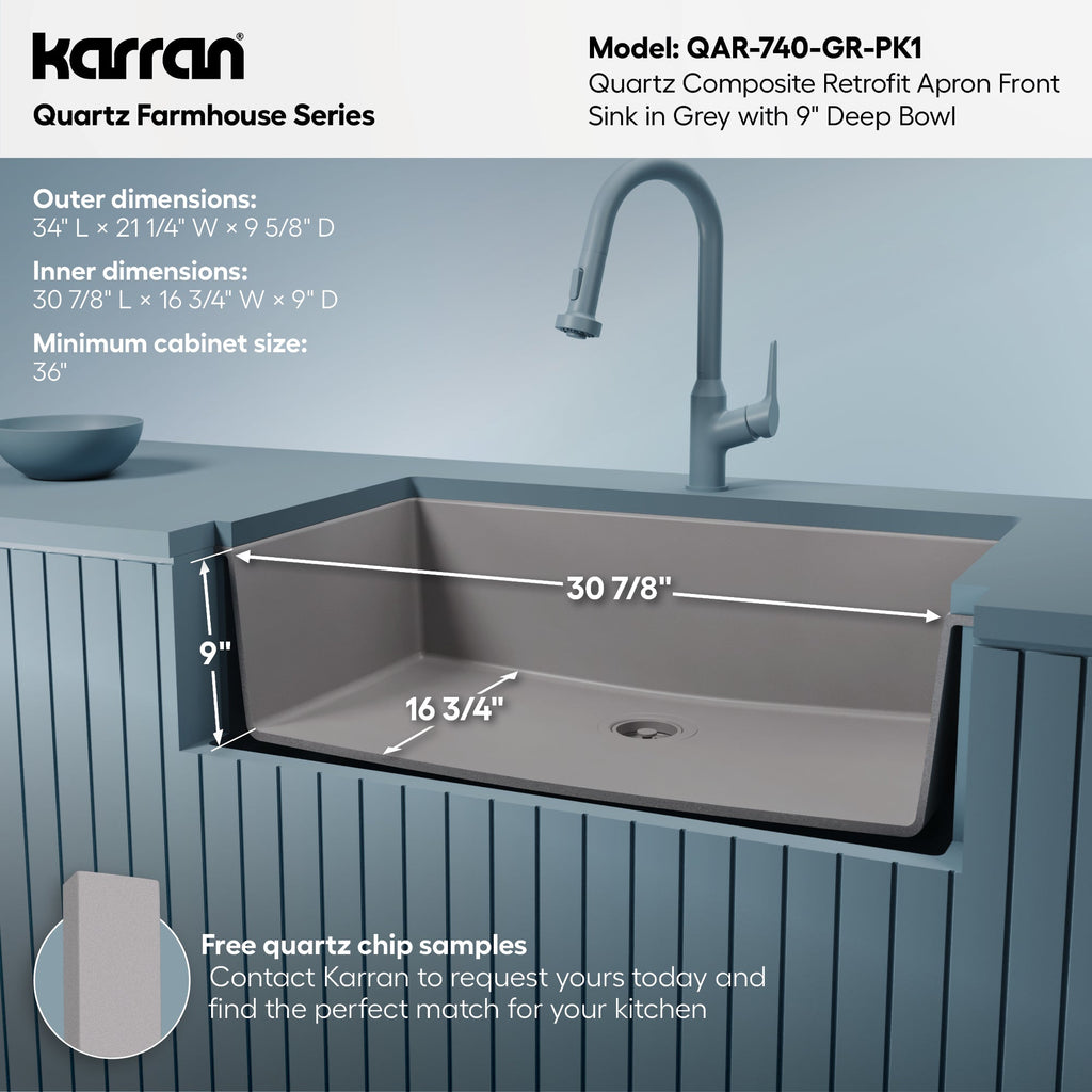 34" Retrofit Farmhouse Large Single Bowl Quartz Composite Kitchen Sink Kit In Grey