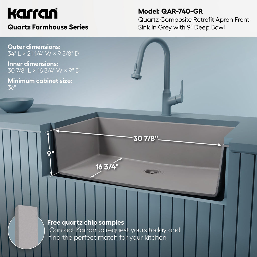 34" Retrofit Farmhouse Large Single Bowl Quartz Composite Kitchen Sink In Grey