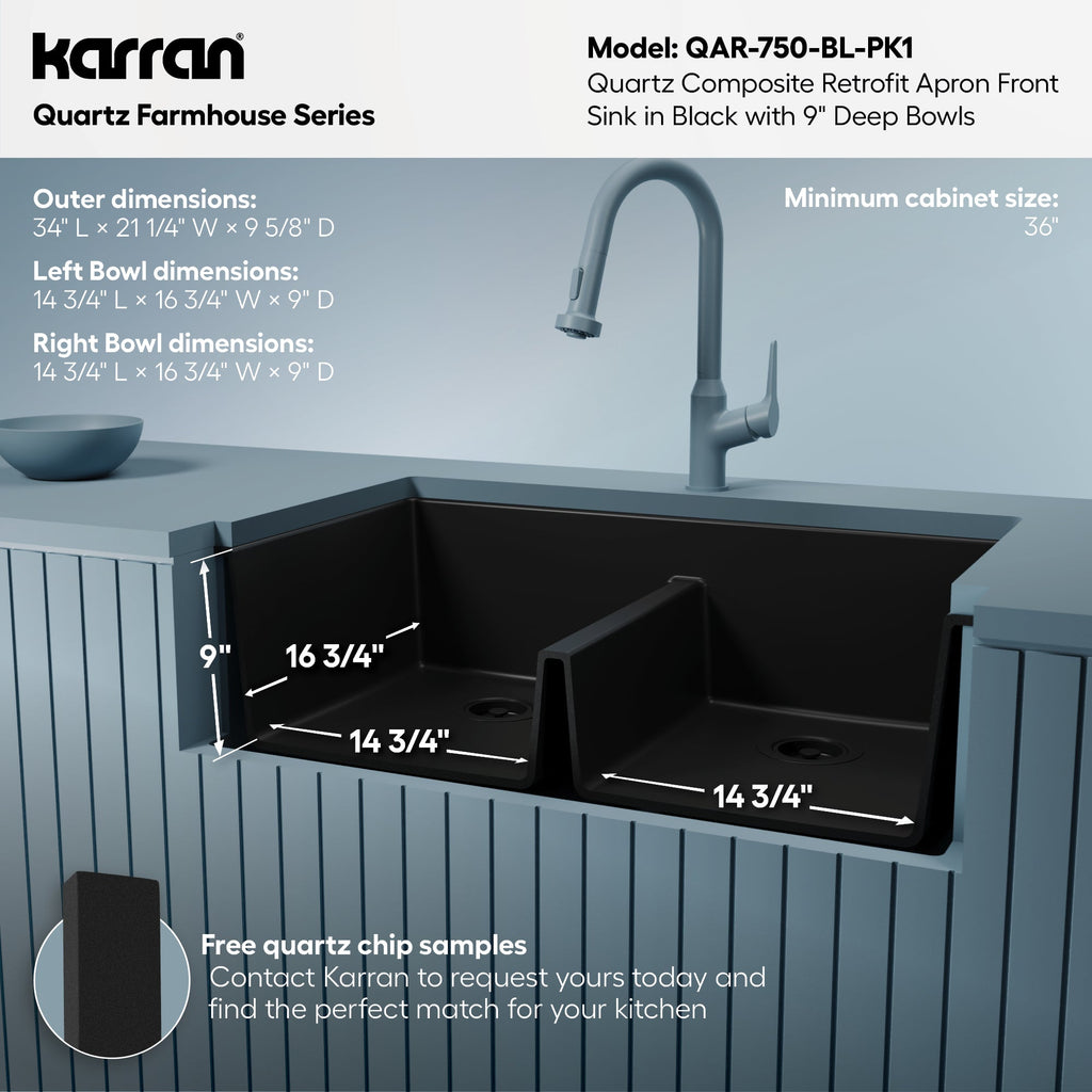 34" Retrofit Farmhouse Double Equal Bowl Quartz Composite Kitchen Sink Kit In Black
