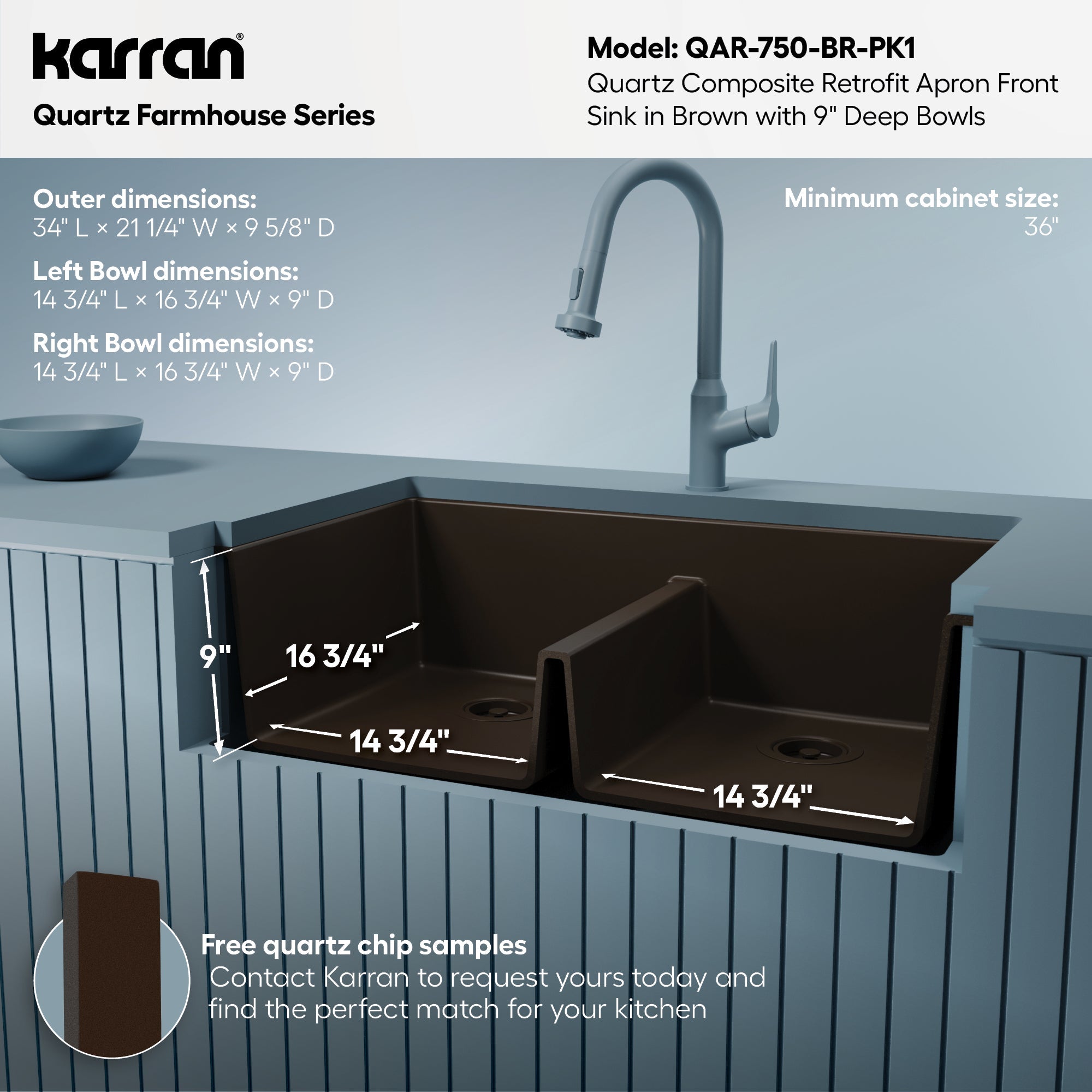 34" Retrofit Farmhouse Double Equal Bowl Quartz Composite Kitchen Sink Kit In Brown