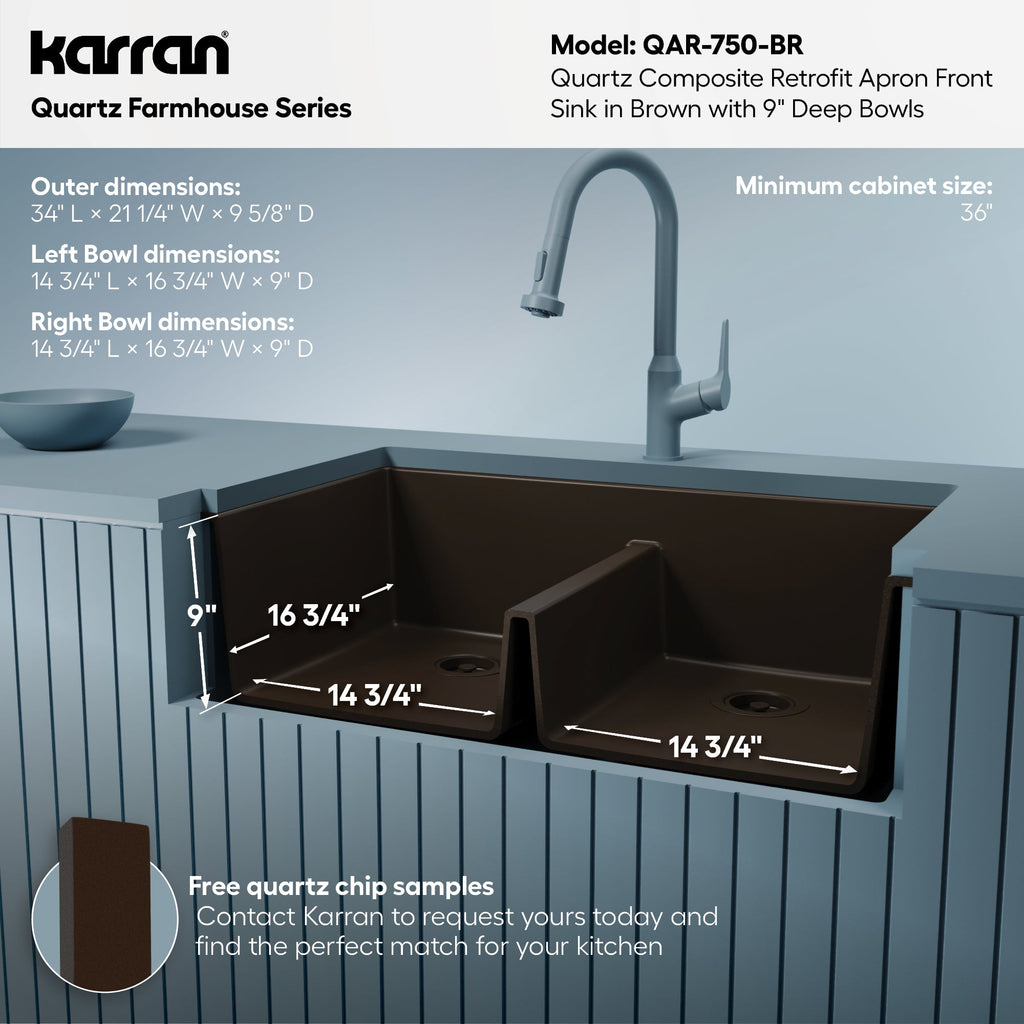 34" Retrofit Farmhouse Double Equal Bowl Quartz Composite Kitchen Sink In Brown
