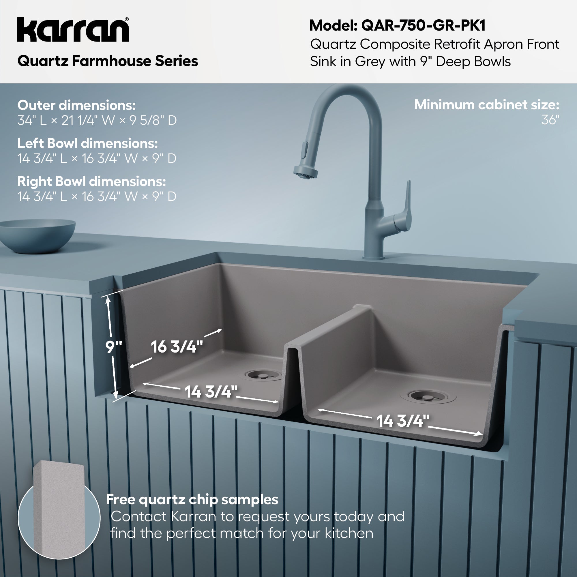 34" Retrofit Farmhouse Double Equal Bowl Quartz Composite Kitchen Sink Kit In Grey