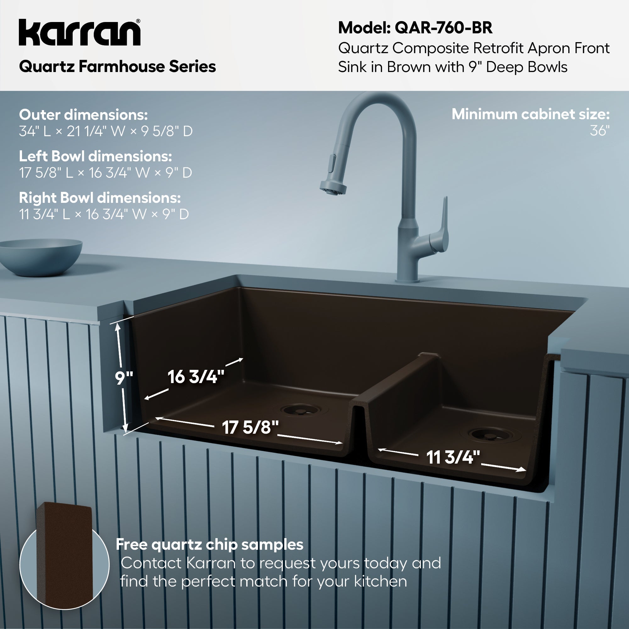 34" Retrofit Farmhouse Double Offset Bowl Quartz Composite Kitchen Sink In Brown
