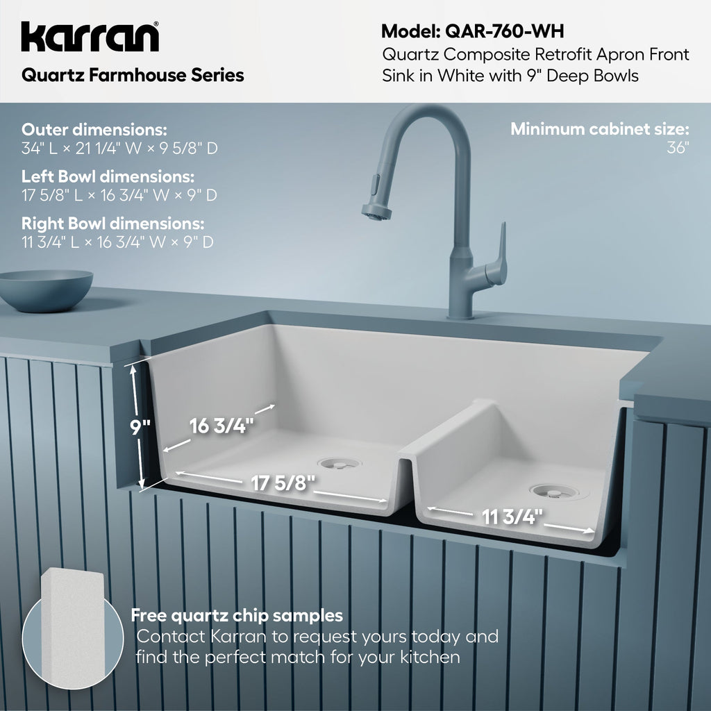 34" Retrofit Farmhouse Double Offset Bowl Quartz Composite Kitchen Sink In White
