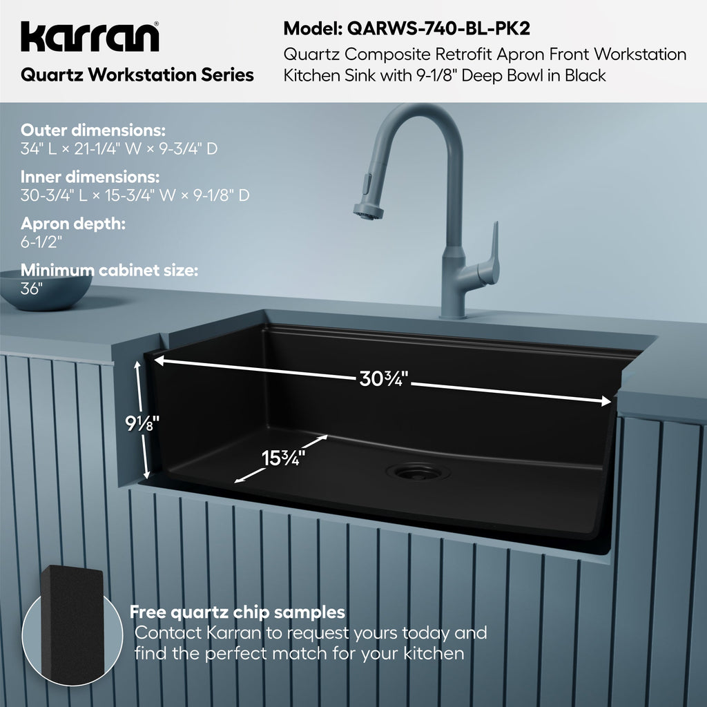 34" Apron Front Single Bowl Quartz Kitchen Sink Kit In Black