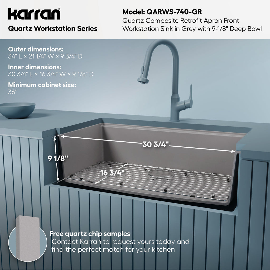 34" Retrofit Farmhouse Large Single Bowl Quartz Composite Workstation Kitchen Sink In Grey