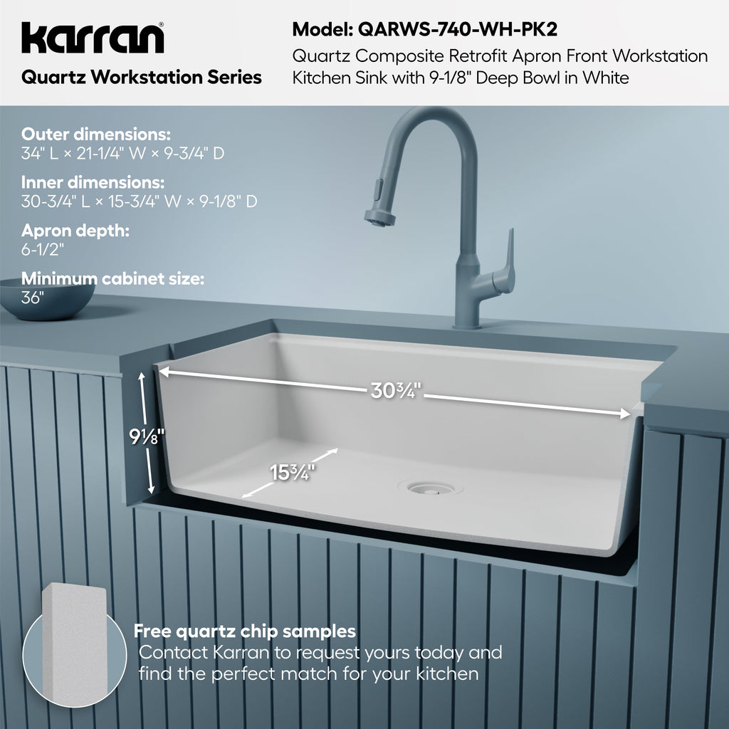 34" Apron Front Single Bowl Quartz Kitchen Sink Kit In White