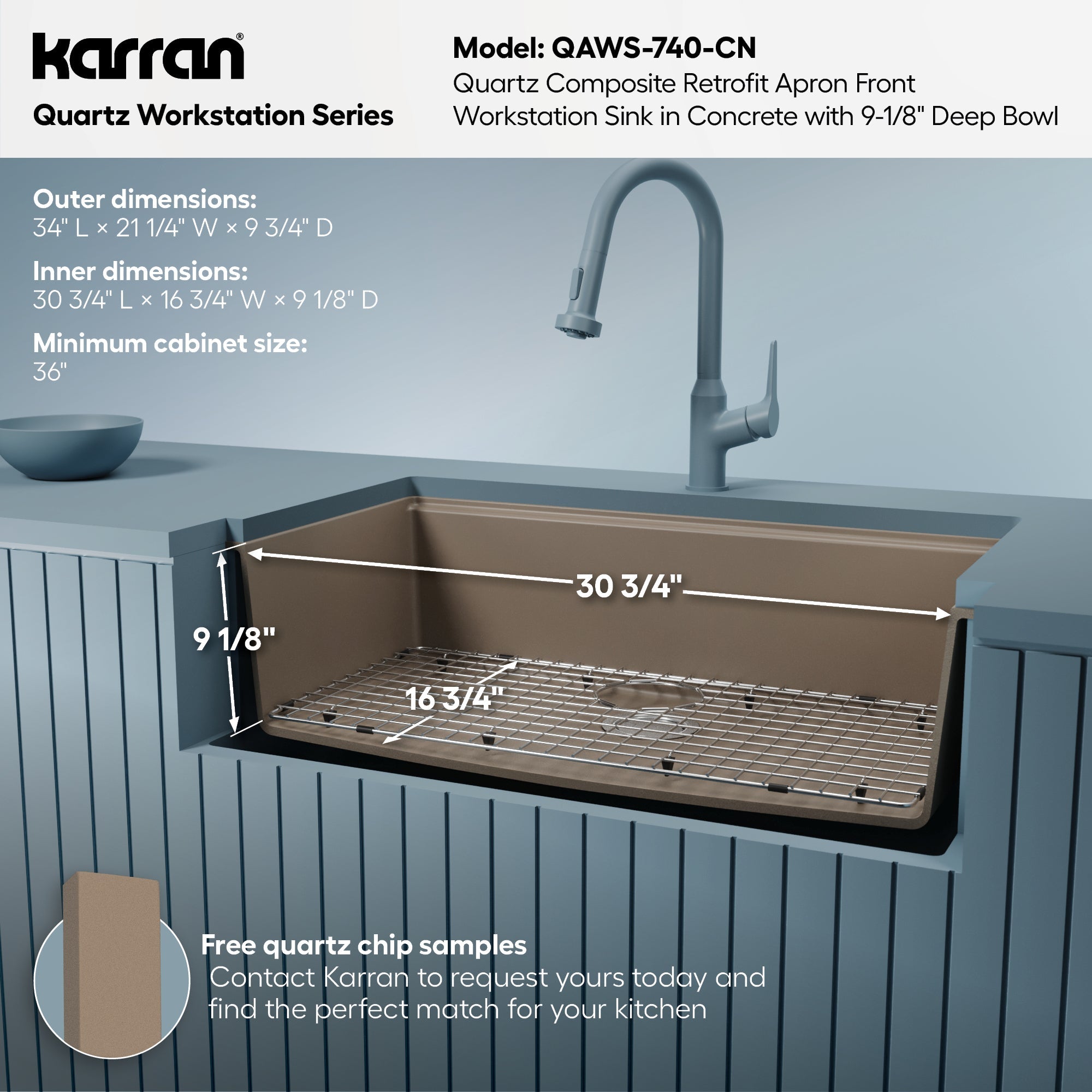 34" Farmhouse Large Single Bowl Quartz Composite Workstation Kitchen Sink In Concrete