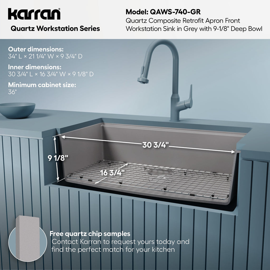 34" Farmhouse Large Single Bowl Quartz Composite Workstation Kitchen Sink In Grey